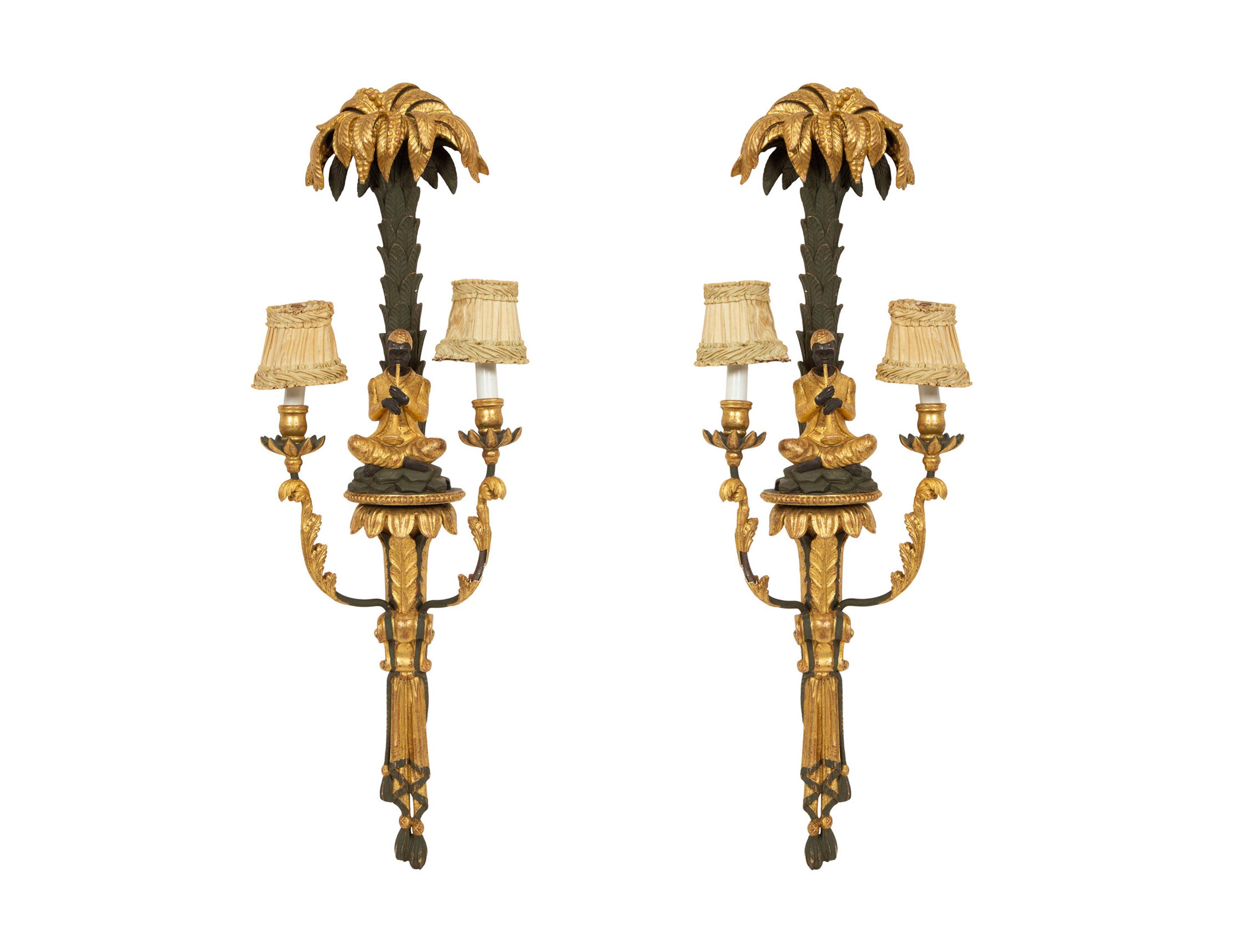 A Pair of Painted and Parcel Gilt Carved Wood Sconces