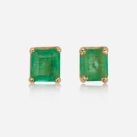 A Matching Set of 14K Yellow Gold, Diamond, and Emerald Necklace and Earrings