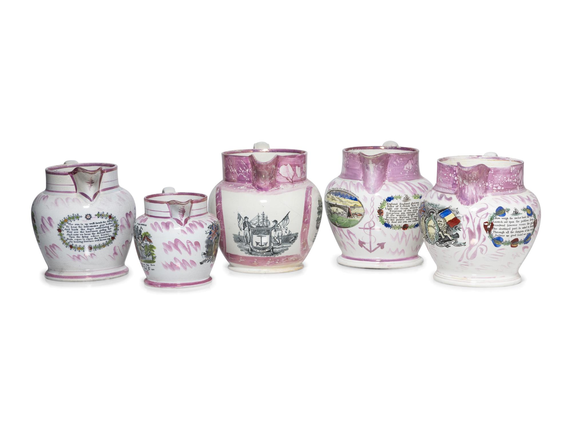 Five Sunderland Luster Crimean War Souvenir Jugs