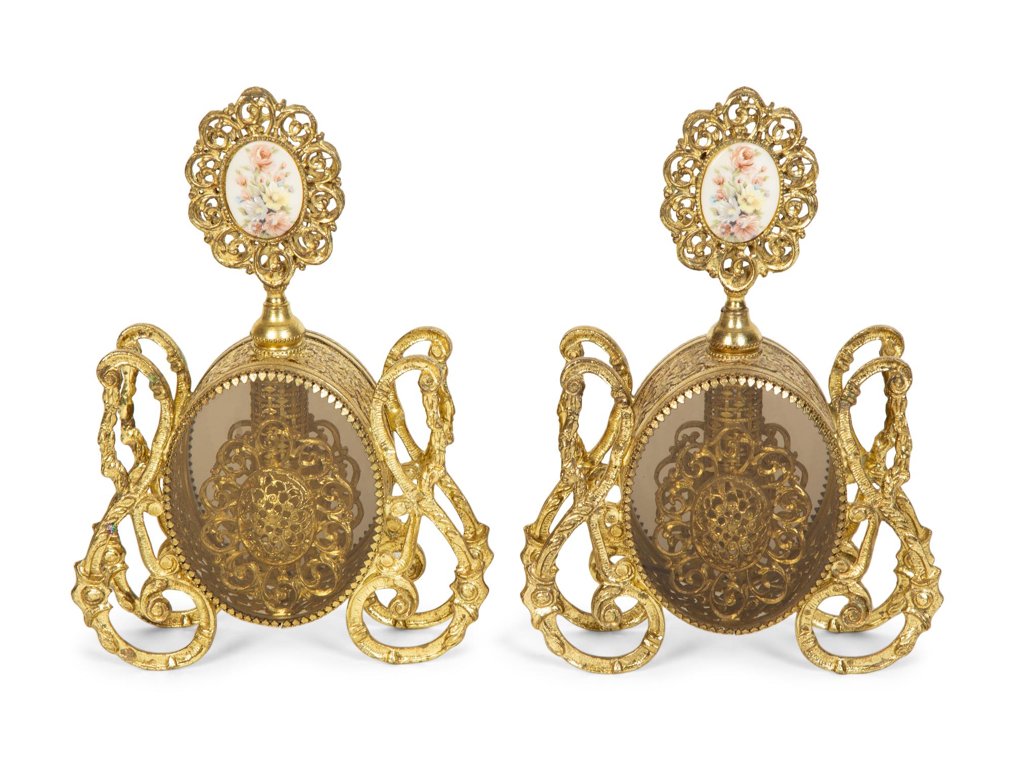 A Pair of Continental Gilt Metal and Glass Perfume Bottles