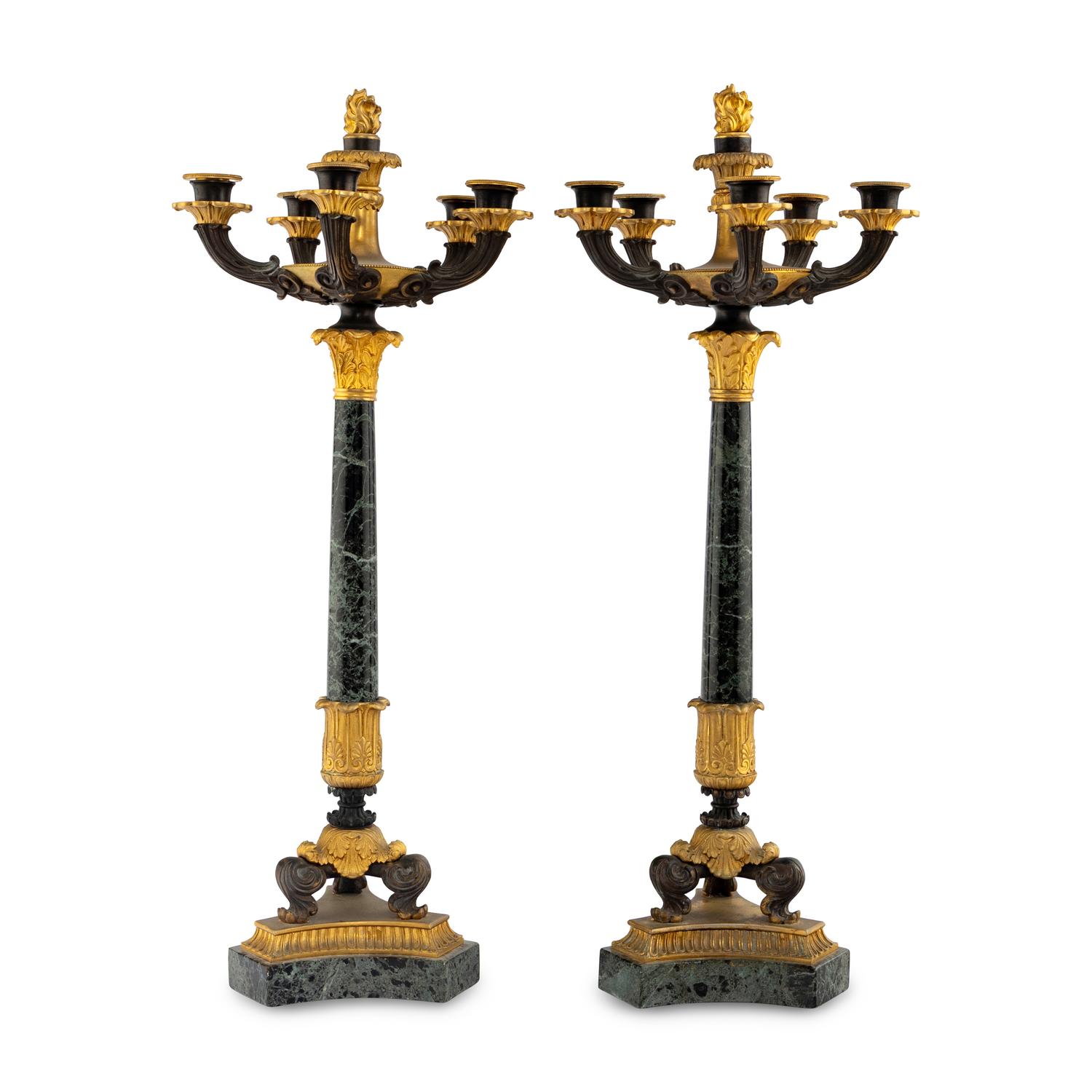 A Pair of Charles X Gilt and Patinated Bronze Mounted Marble Seven-Light Candelabra