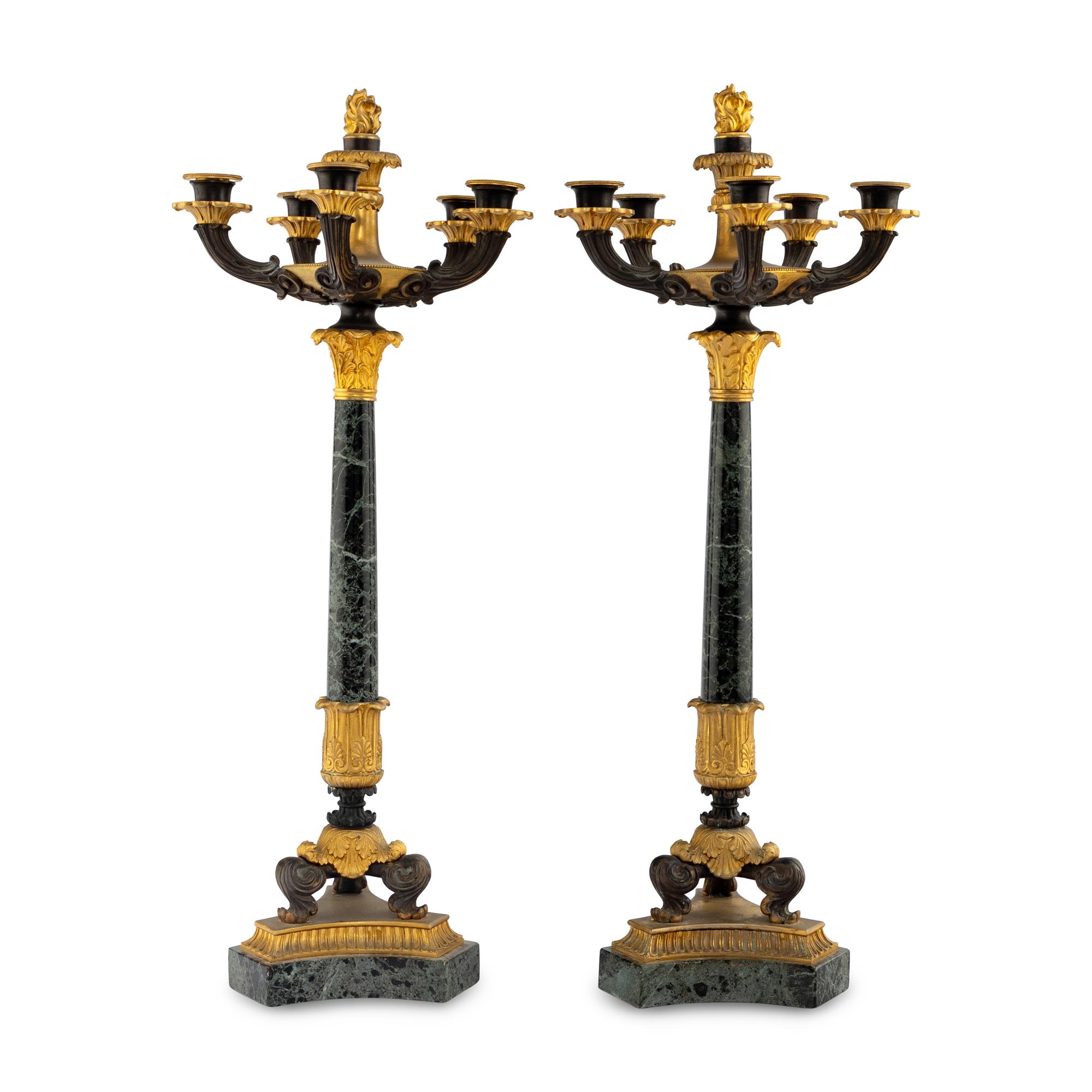 A Pair of Charles X Gilt and Patinated Bronze Mounted Marble Seven-Light Candelabra