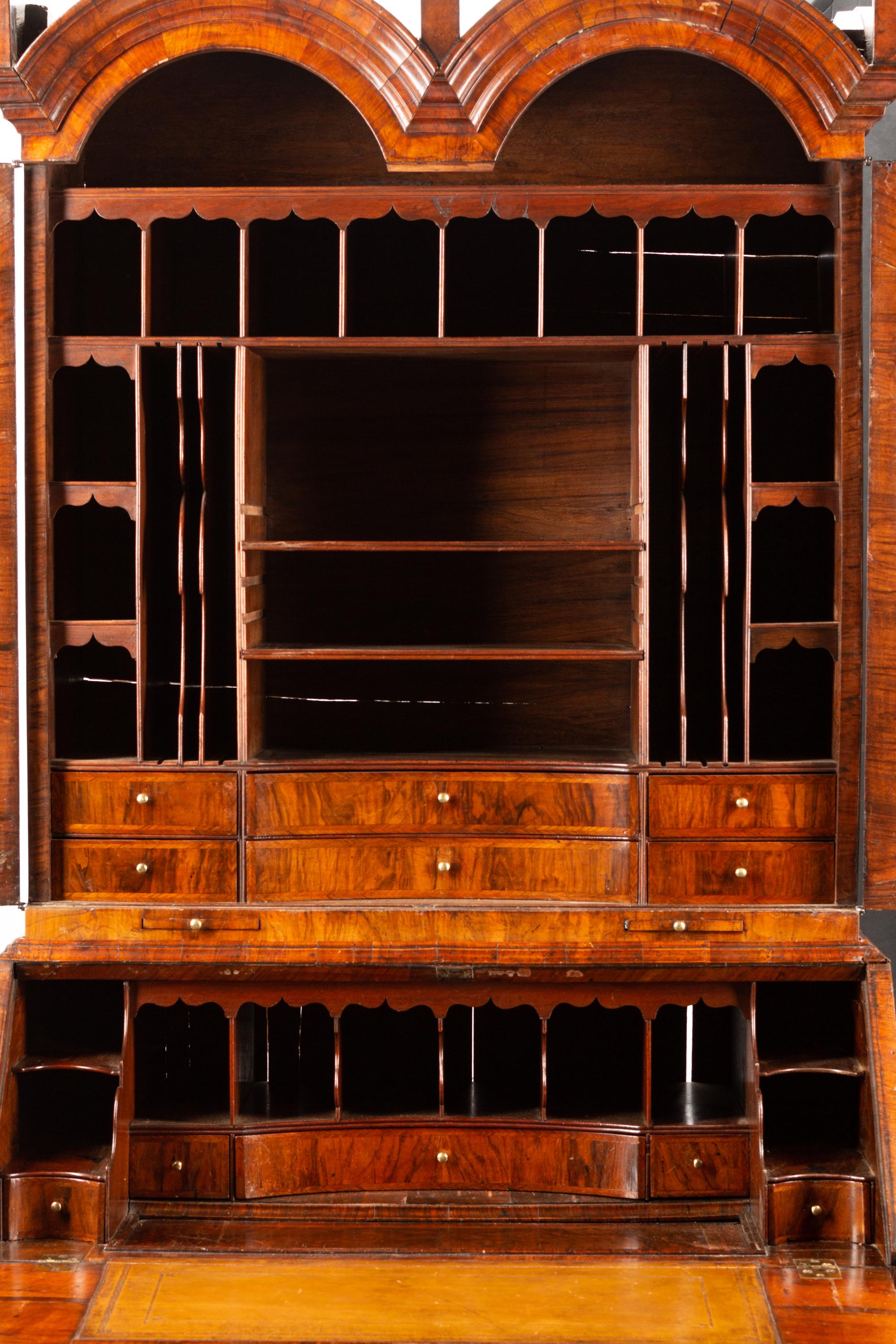 A George II Burl Walnut Slant-Front Secretary Bookcase