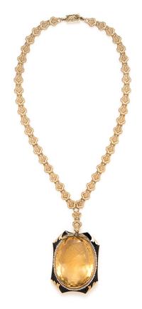 A Yellow Gold, Citrine Cameo, Seed Pearl and Enamel Necklace, 33.40 dwts.