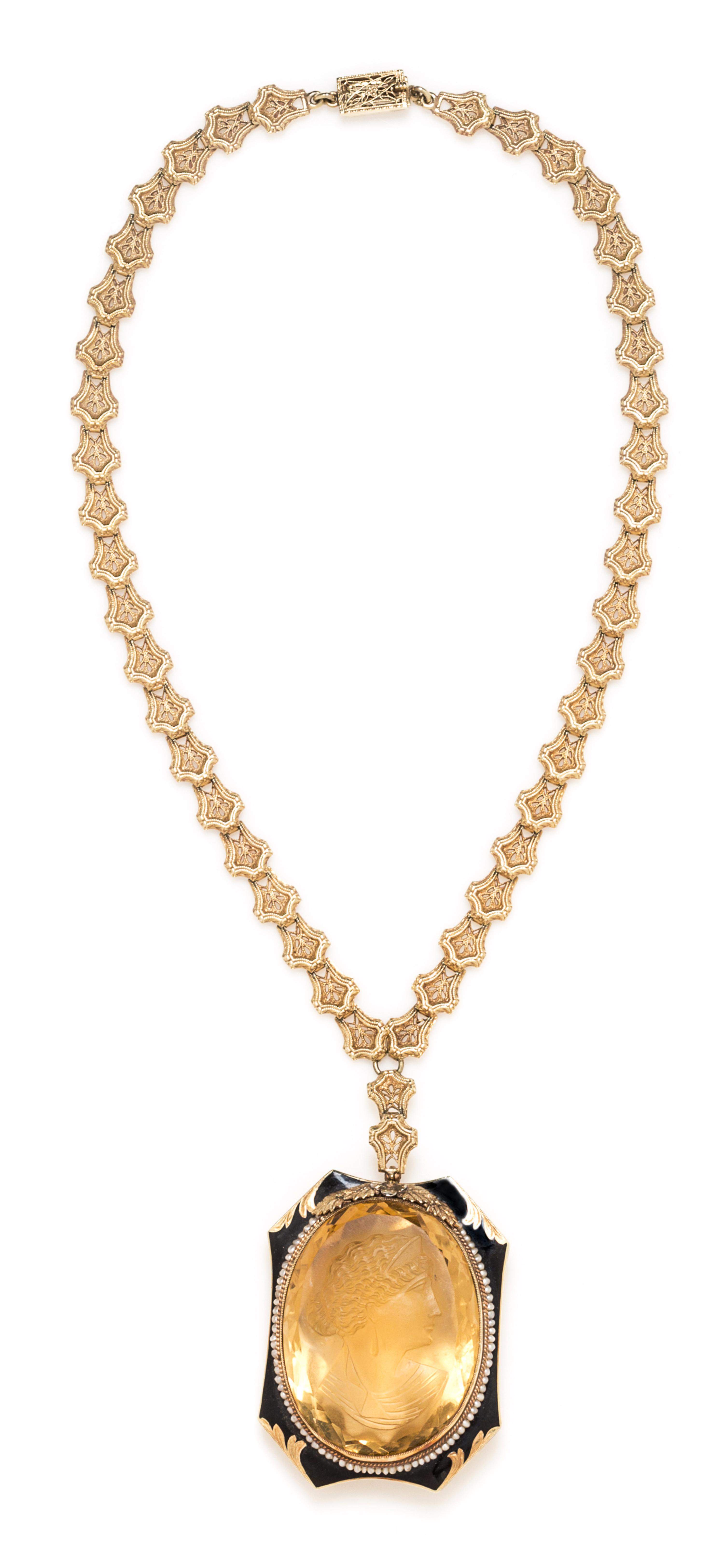 A Yellow Gold, Citrine Cameo, Seed Pearl and Enamel Necklace, 33.40 dwts.