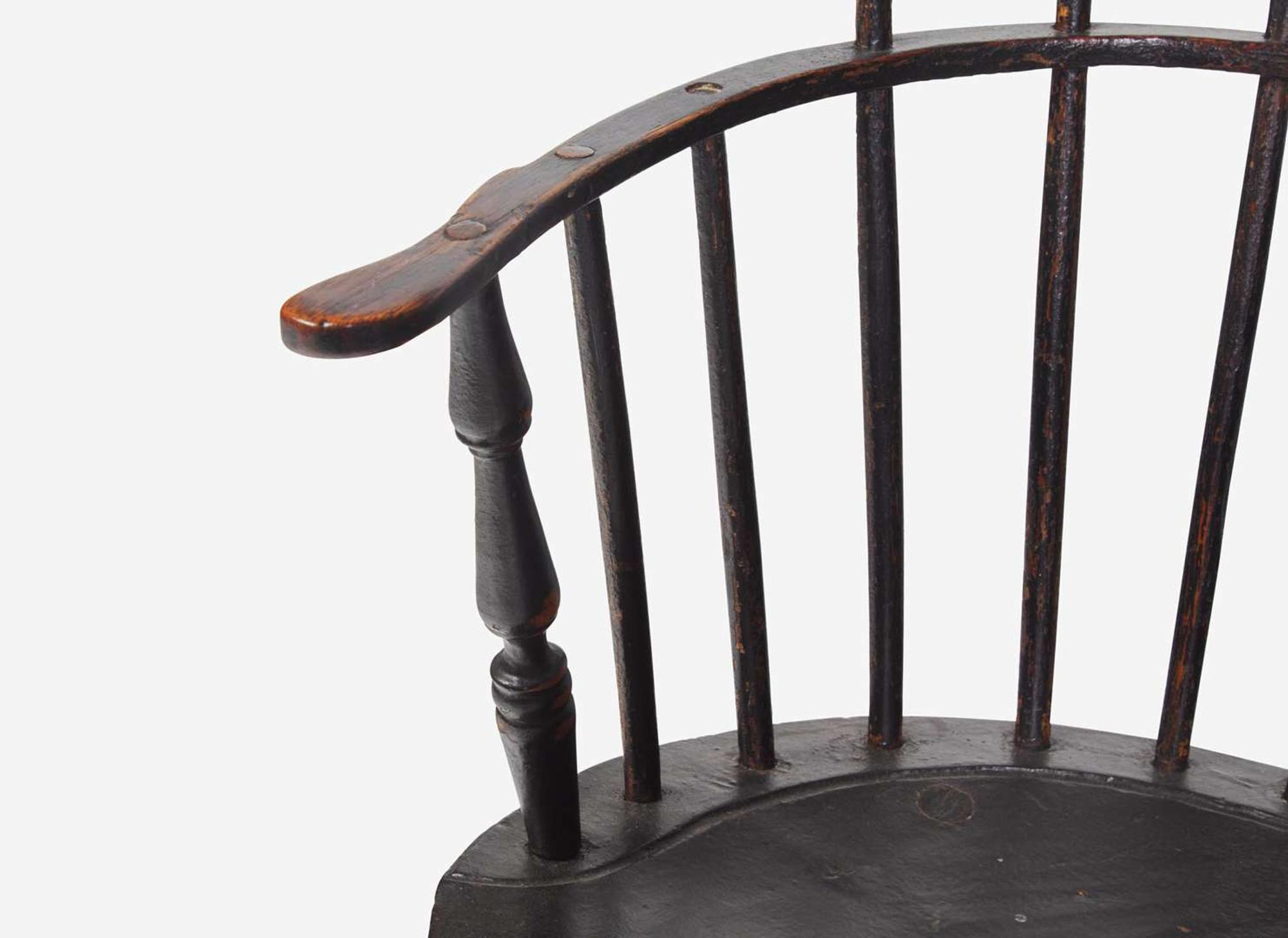 A black-painted hickory high-back Windsor armchair, probably New England, circa 1775
