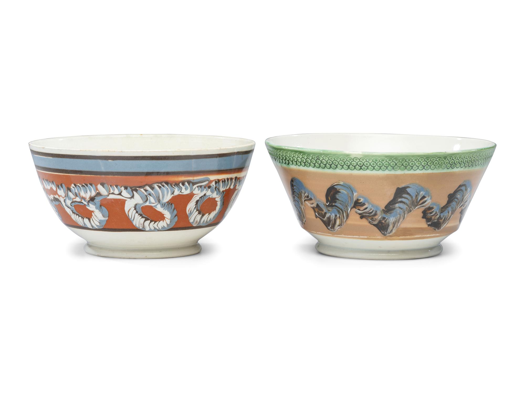 Two Mochaware Bowls with Earthworm Decoration