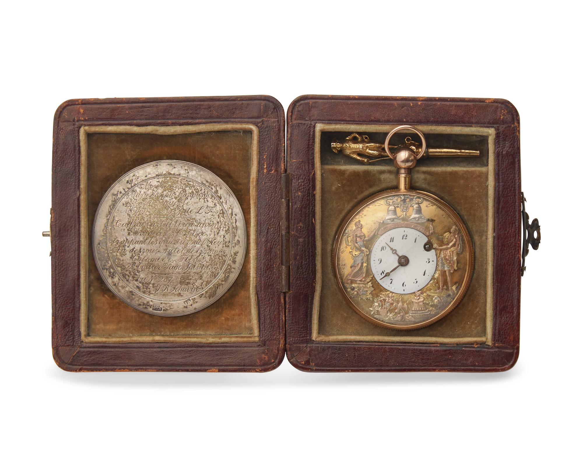 A Historic 18 Karat Tricolor Gold Open Face Jacquemart Automaton Quarter Repeater Pocket Watch Purportedly Owned by Marquis de Lafayette