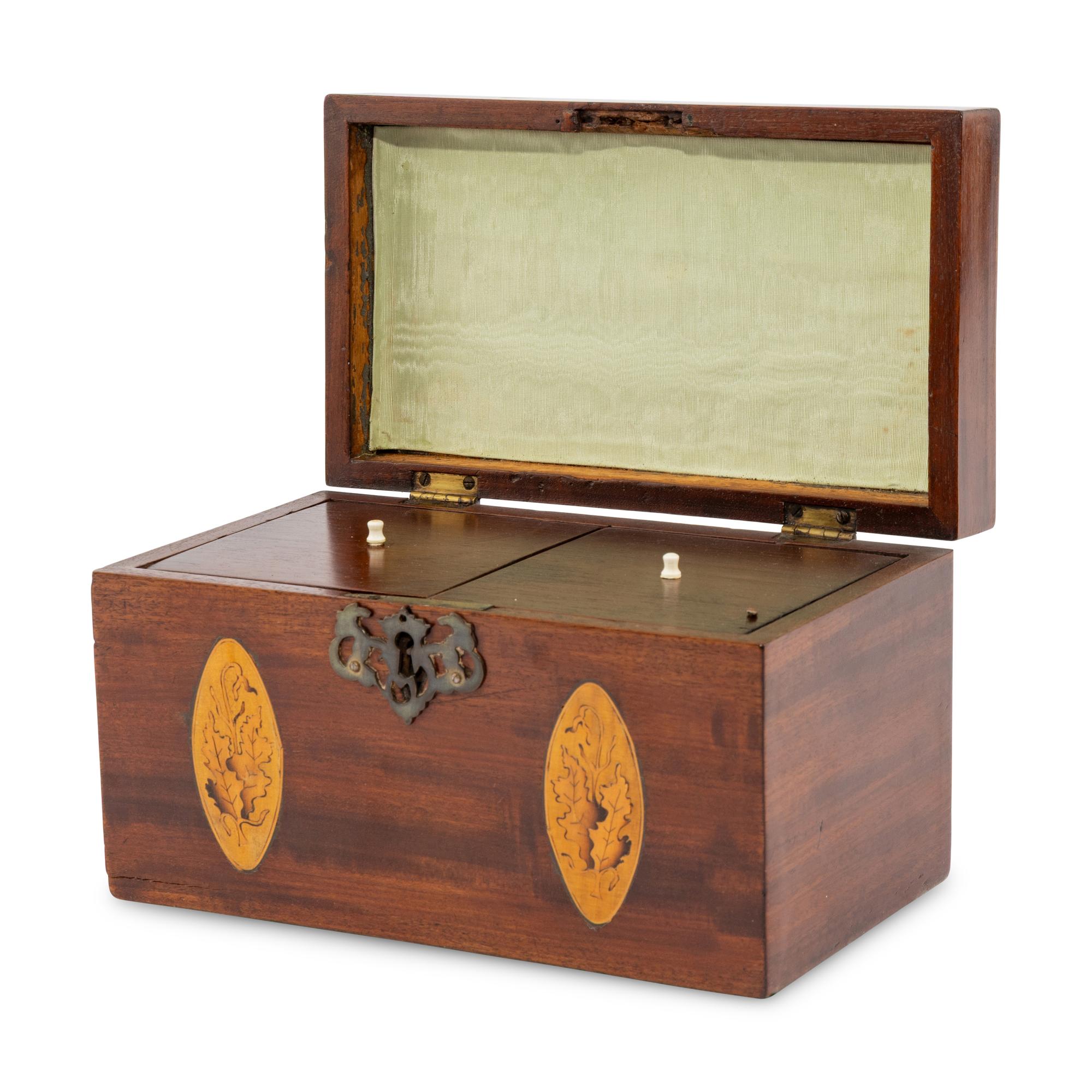 An English Mahogany and Marquetry Tea Caddy