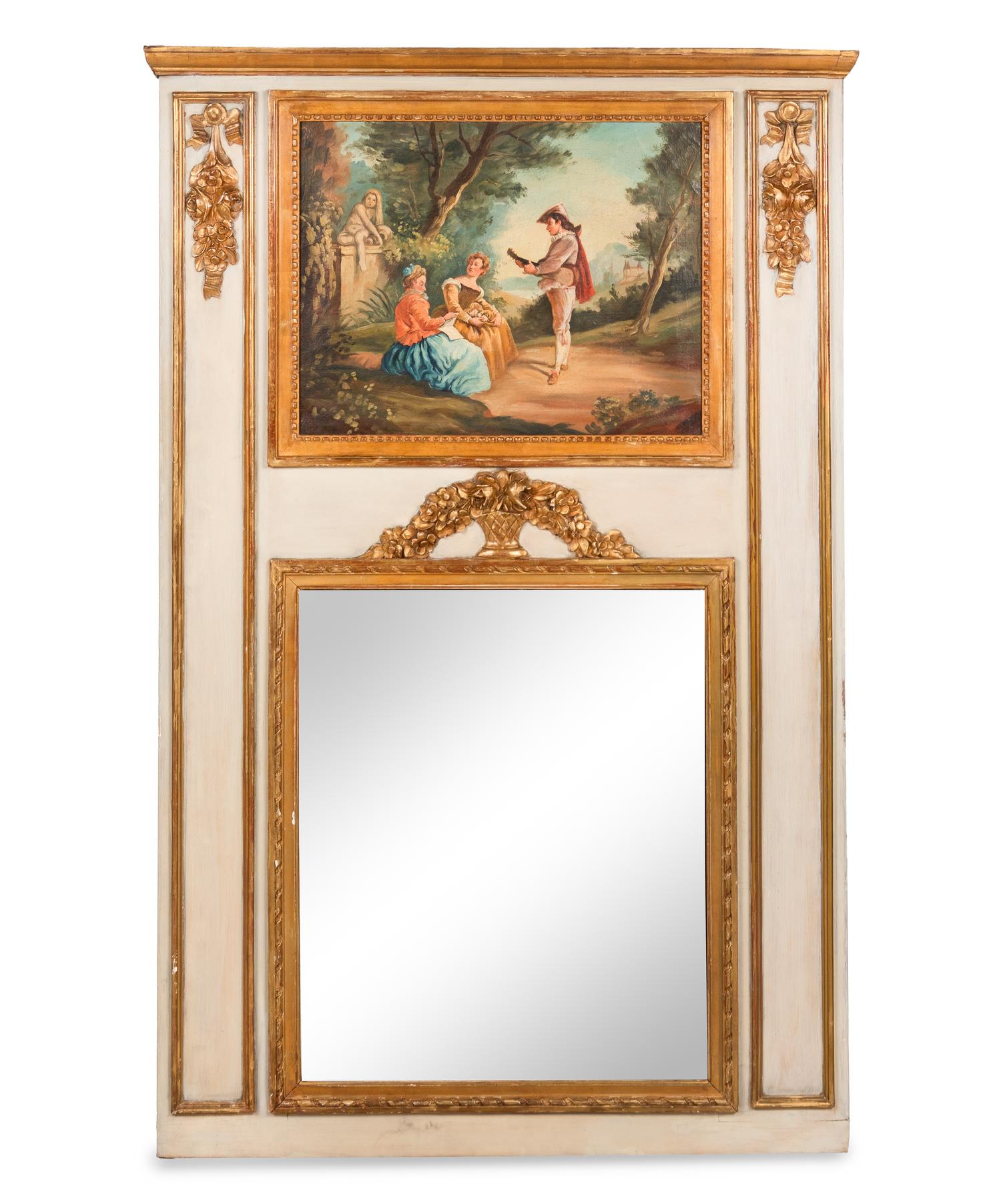 A Louis XVI Style Painted and Parcel Gilt Trumeau Mirror