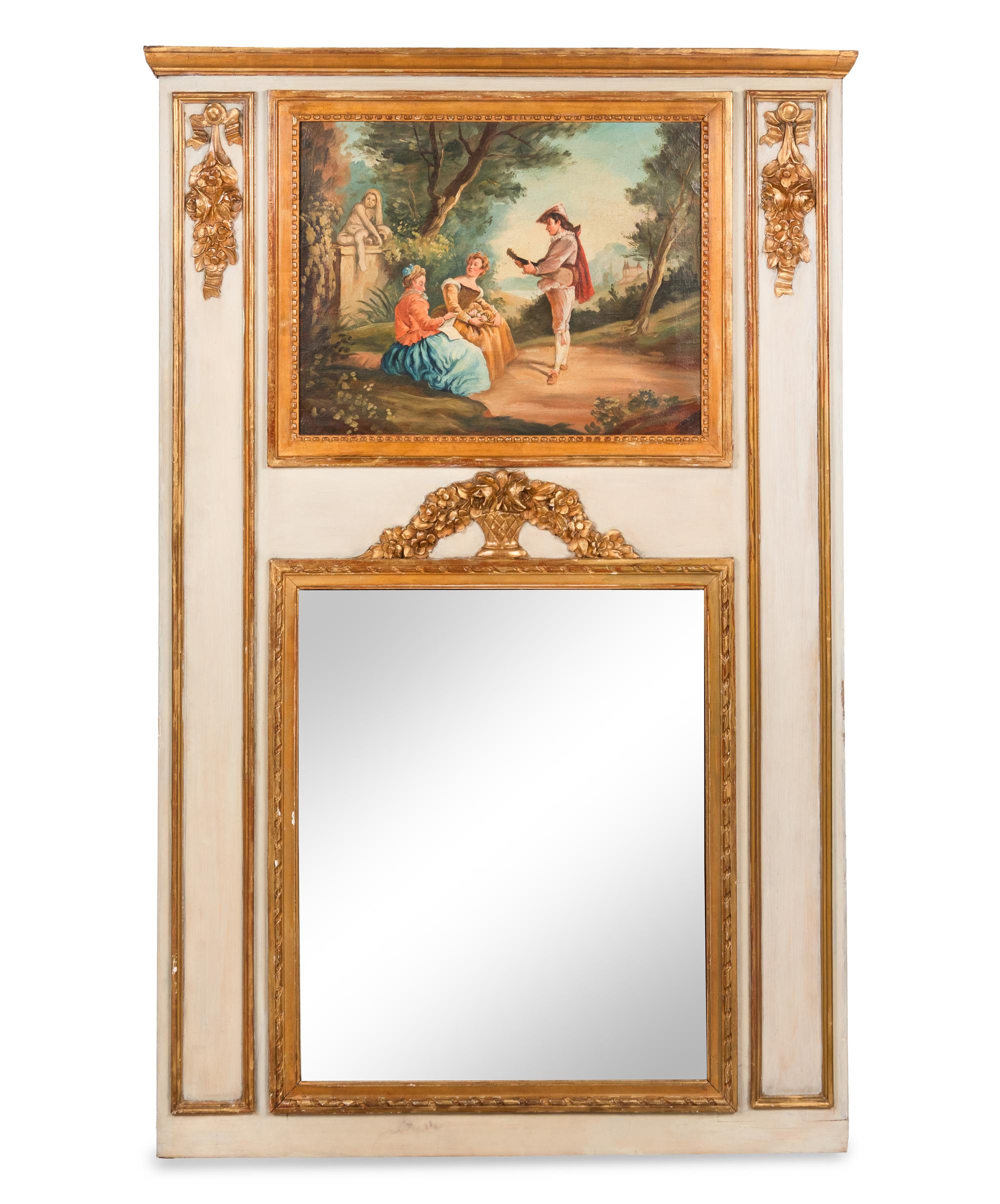 A Louis XVI Style Painted and Parcel Gilt Trumeau Mirror