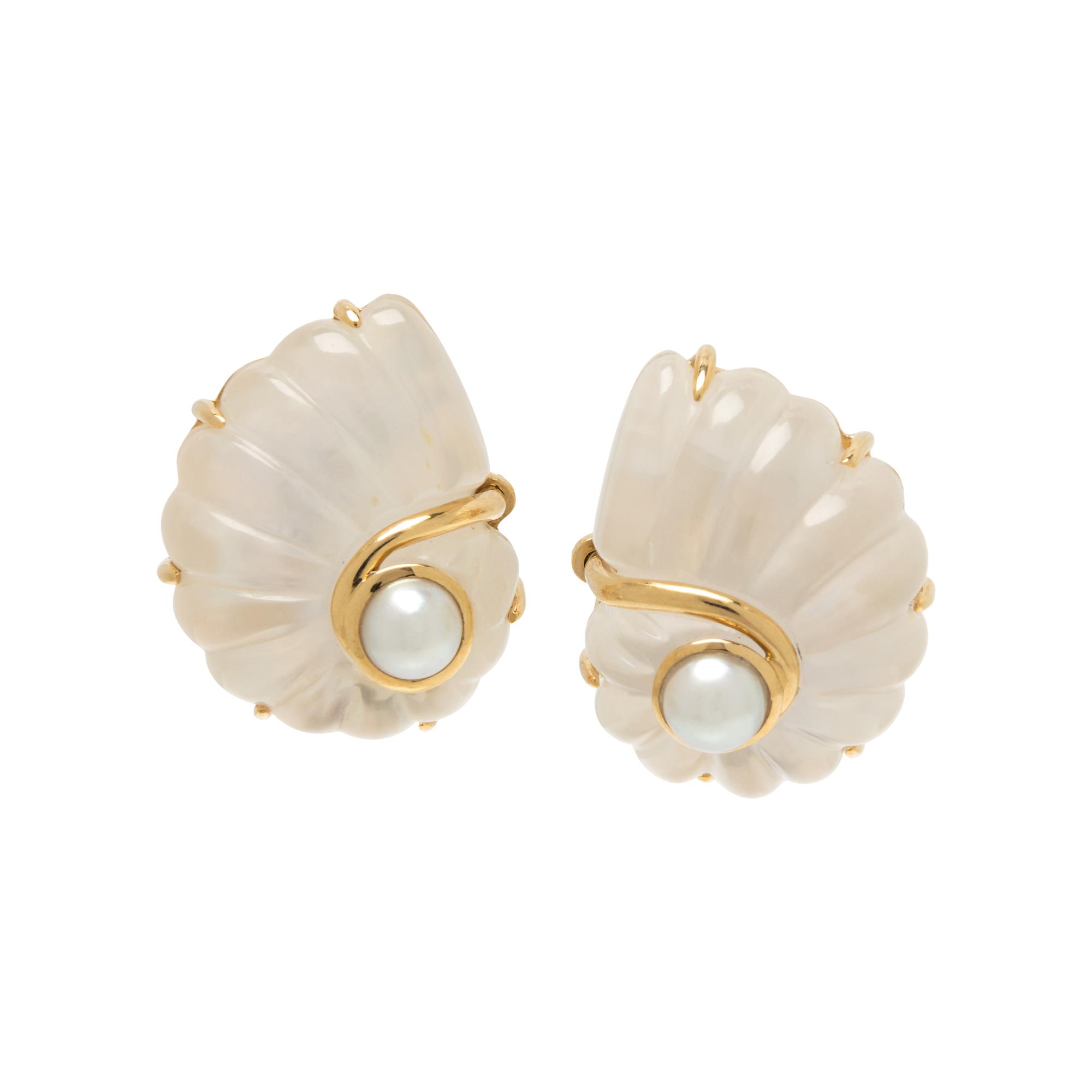 TRIANON, ROCK CRYSTAL, MOTHER-OF-PEARL AND CULTURED PEARL EARCLIPS