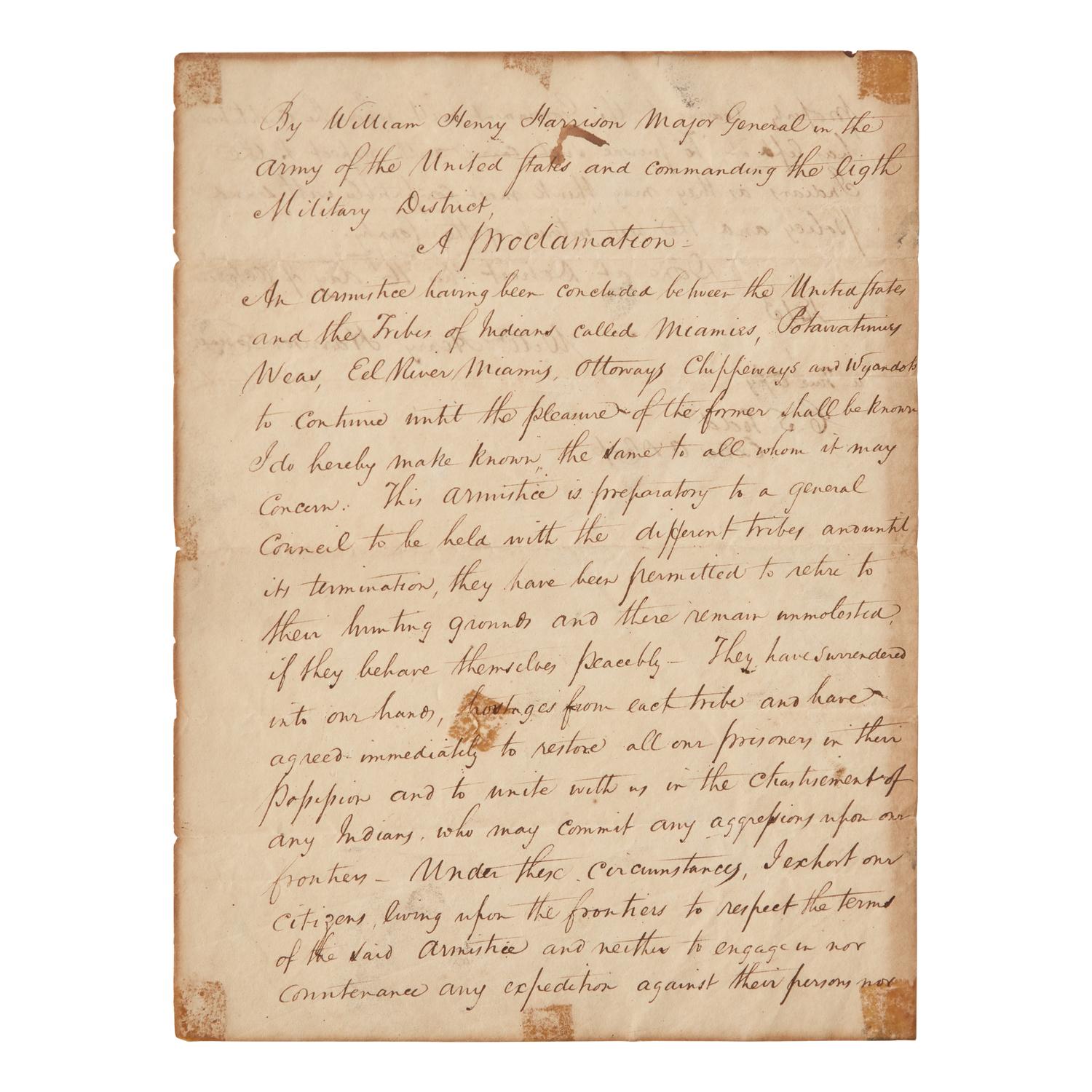 [War of 1812] Manuscript Copy of the Proclamation of Armistice, Issued by Future President William Henry Harrison During the War of 1812