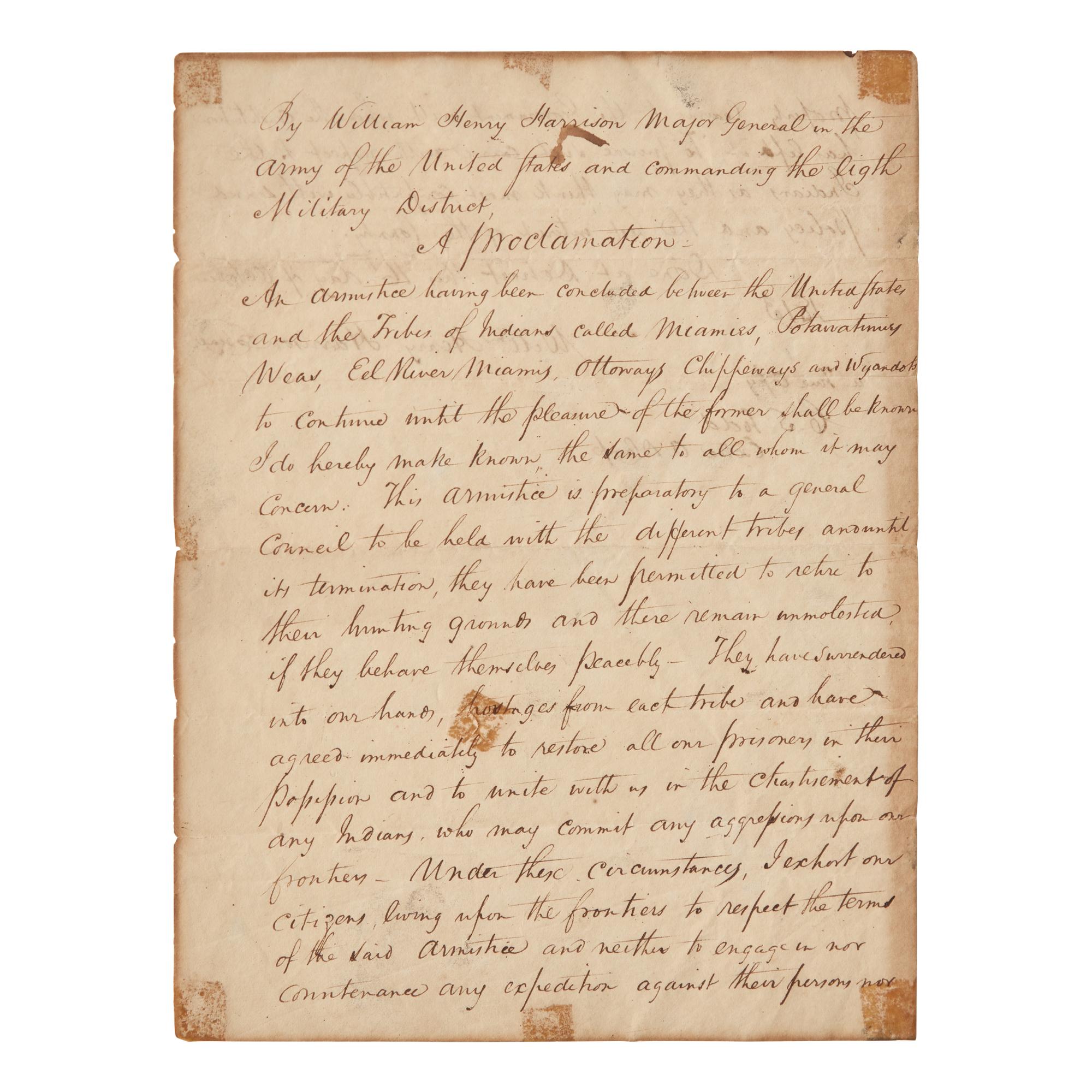 [War of 1812] Manuscript Copy of the Proclamation of Armistice, Issued by Future President William Henry Harrison During the War of 1812