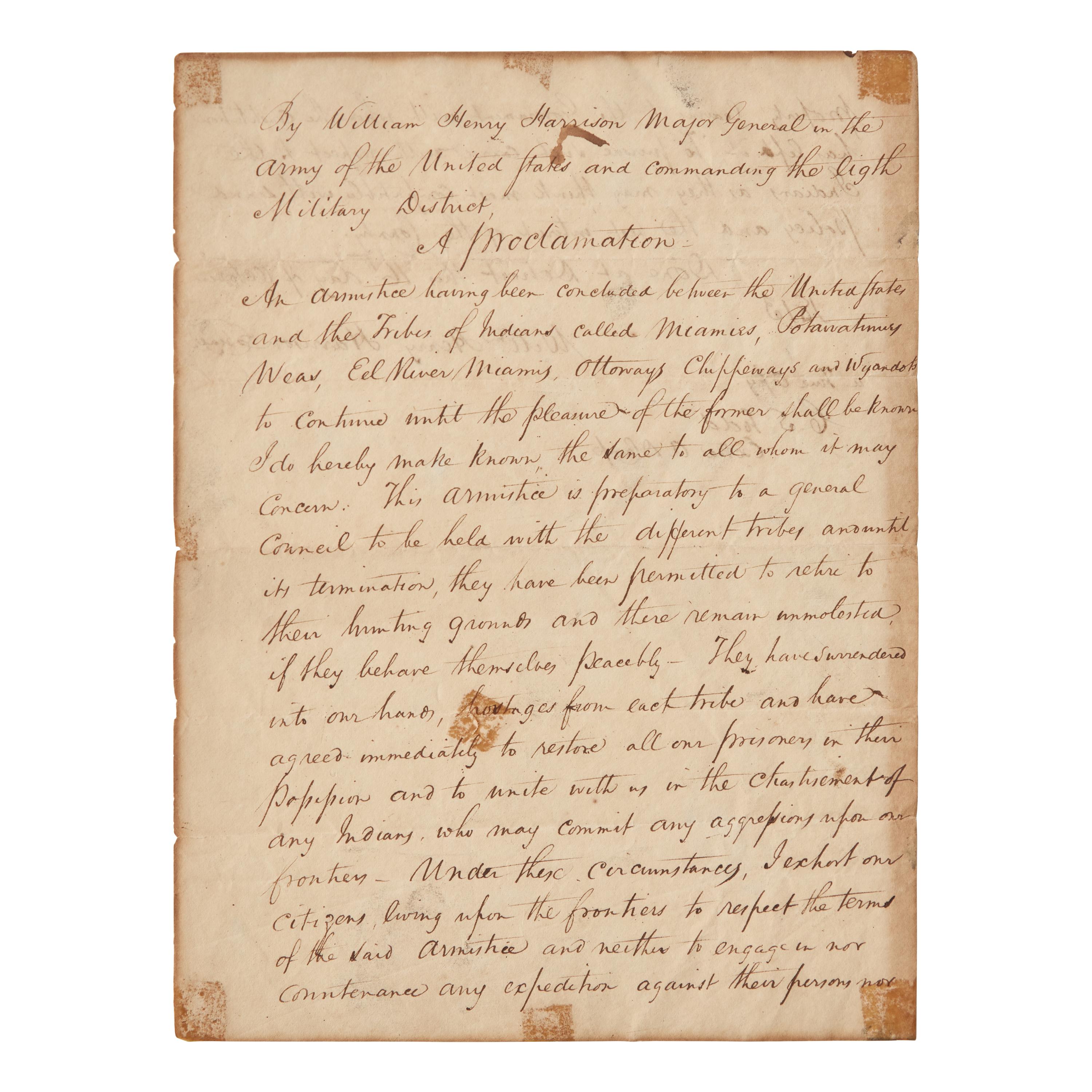 [War of 1812] Manuscript Copy of the Proclamation of Armistice, Issued by Future President William Henry Harrison During the War of 1812