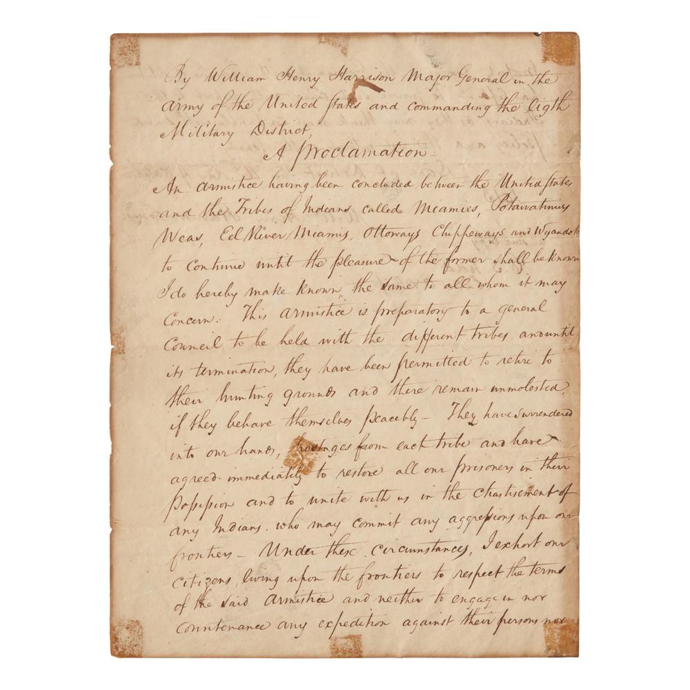 [War of 1812] Manuscript Copy of the Proclamation of Armistice, Issued by Future President William Henry Harrison During the War of 1812