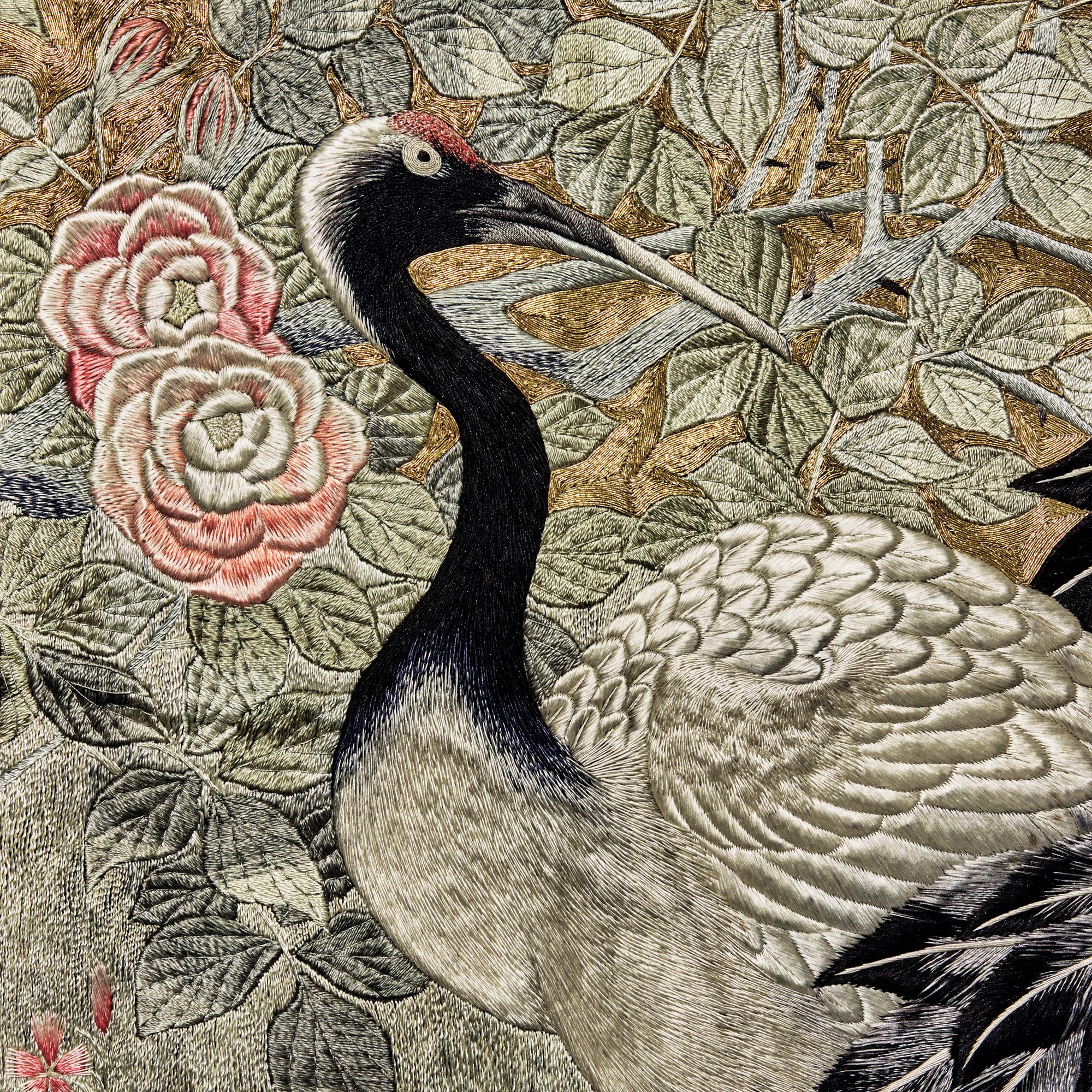 A Large Japanese Embroidered 'Cranes' Wall Hanging, Meiji/Taisho Period