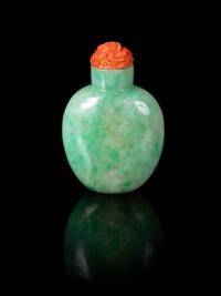 An Apple Green and Celadon Jadeite Snuff Bottle