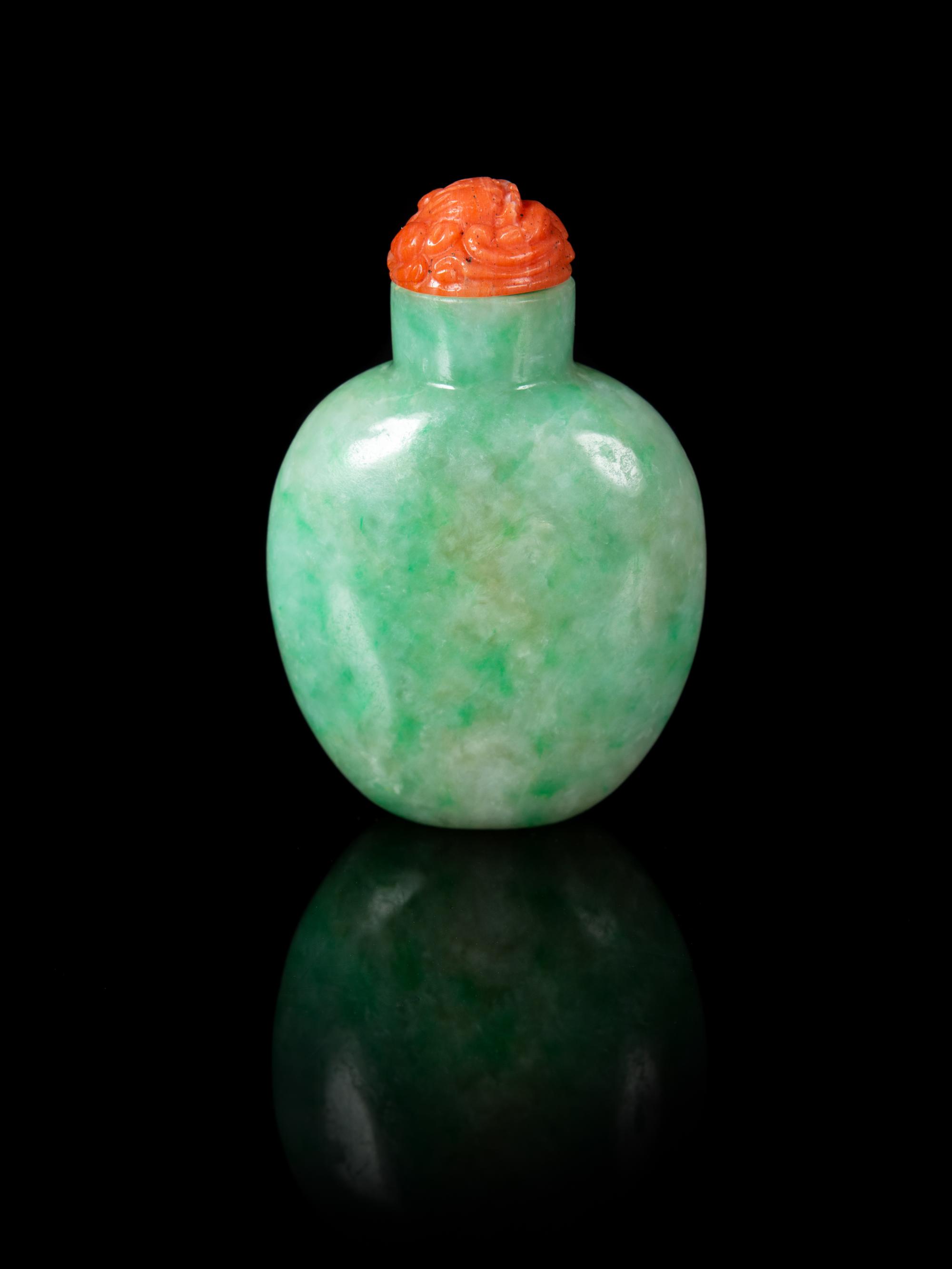An Apple Green and Celadon Jadeite Snuff Bottle