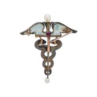 ART NOUVEAU, ENAMEL AND SEED PEARL CADUCEUS BROOCH