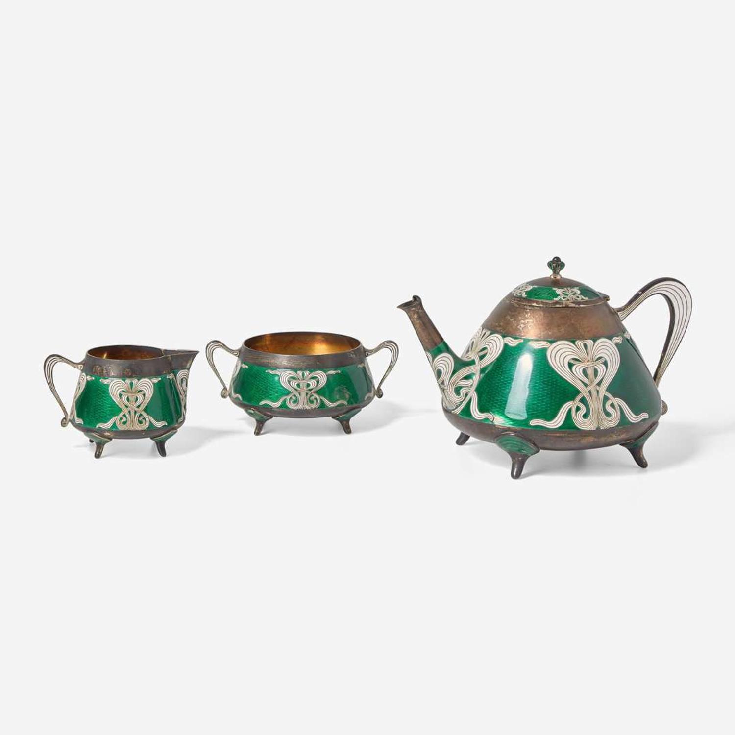 An Art Nouveau three-piece silver gilt and enamel tea service Marius Hammer (Norwegian, 1847-1927), Bergen, Norway, circa 1900