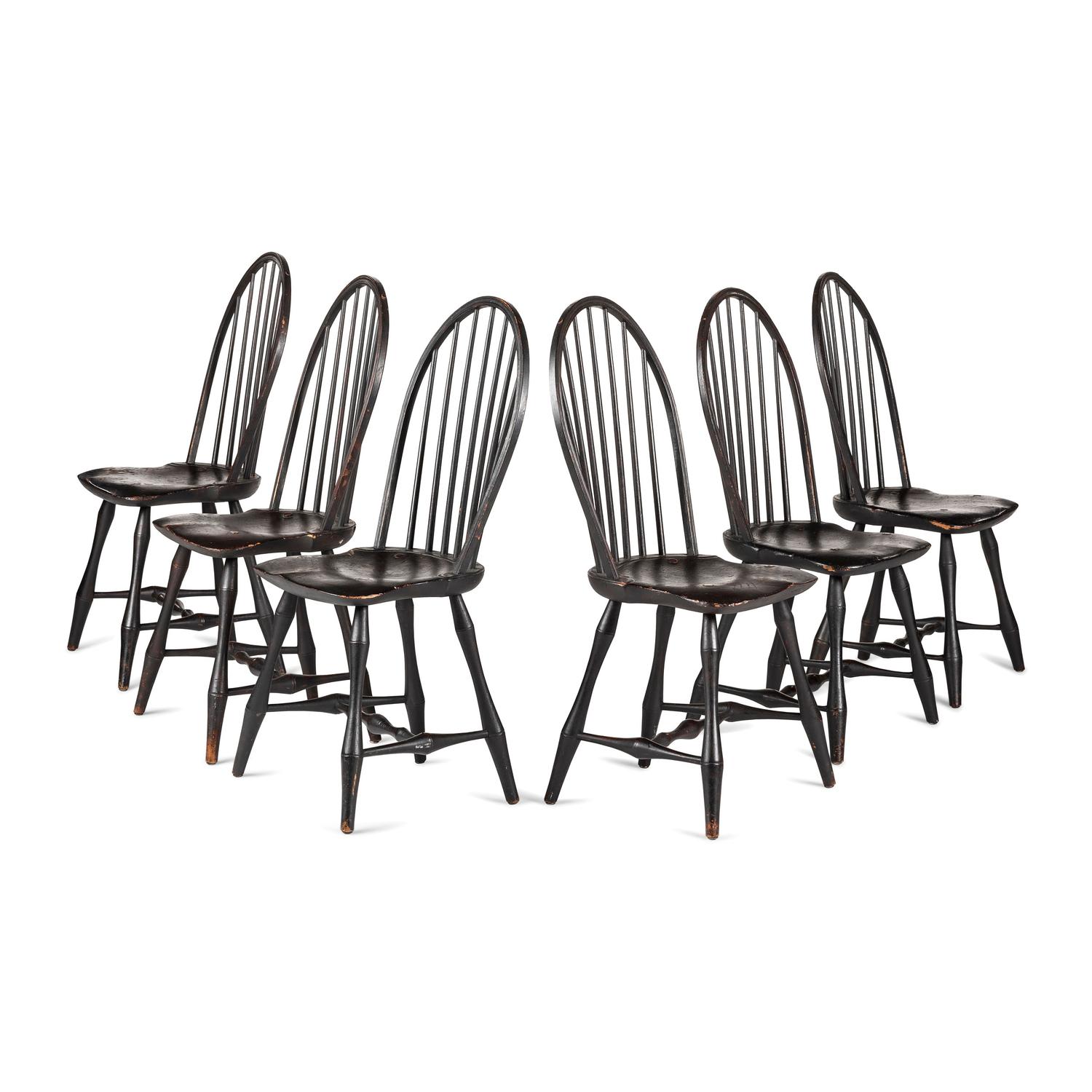 A Set of Six Black-Paint Decorated Compass Seat Bow Back Windsor Side Chairs