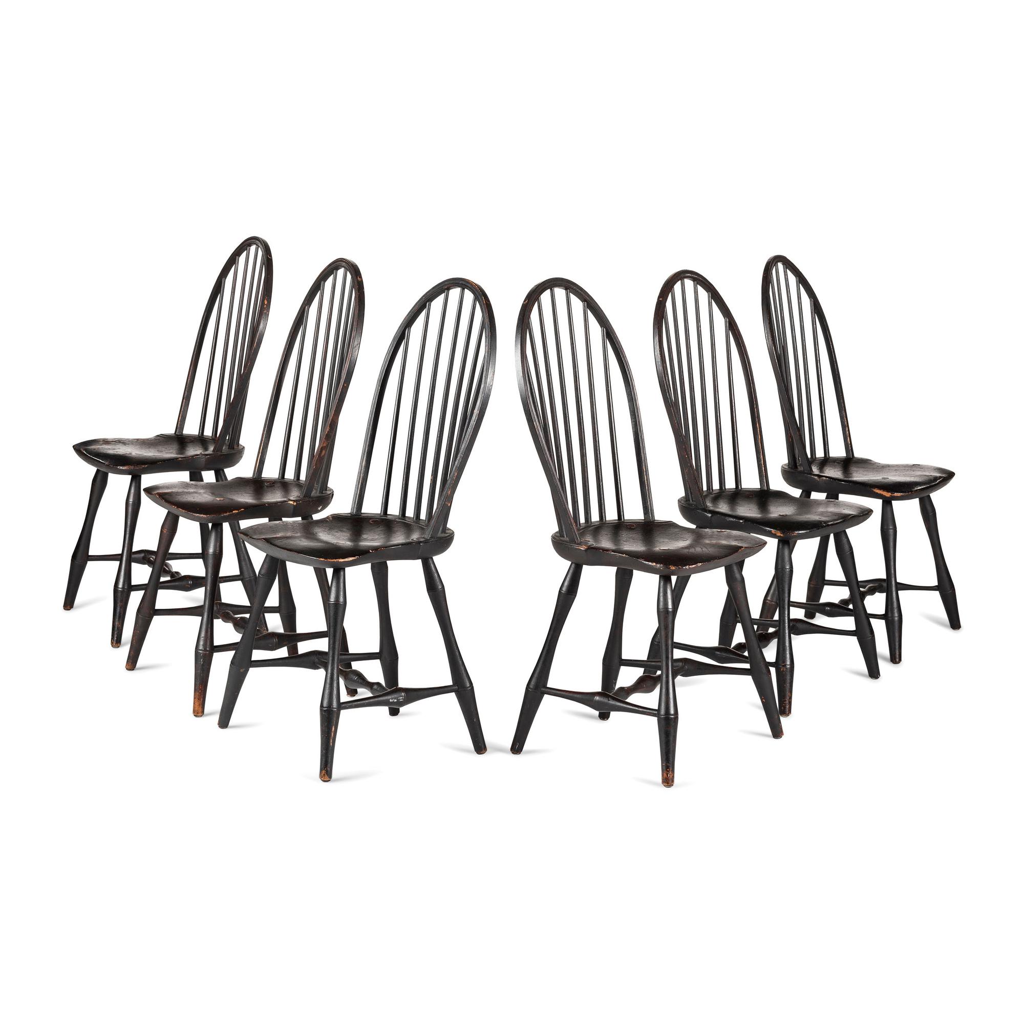 A Set of Six Black-Paint Decorated Compass Seat Bow Back Windsor Side Chairs