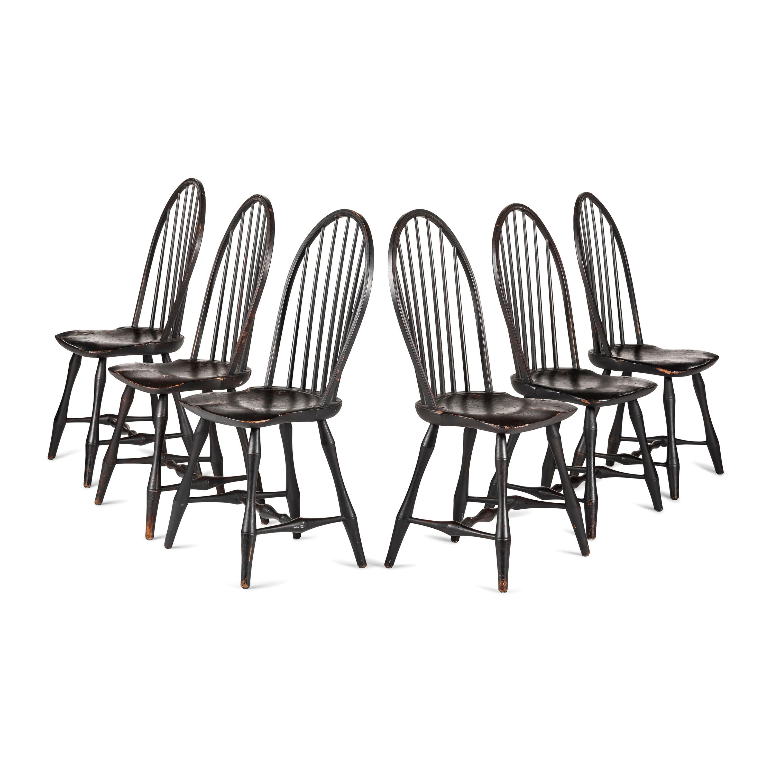 A Set of Six Black-Paint Decorated Compass Seat Bow Back Windsor Side Chairs