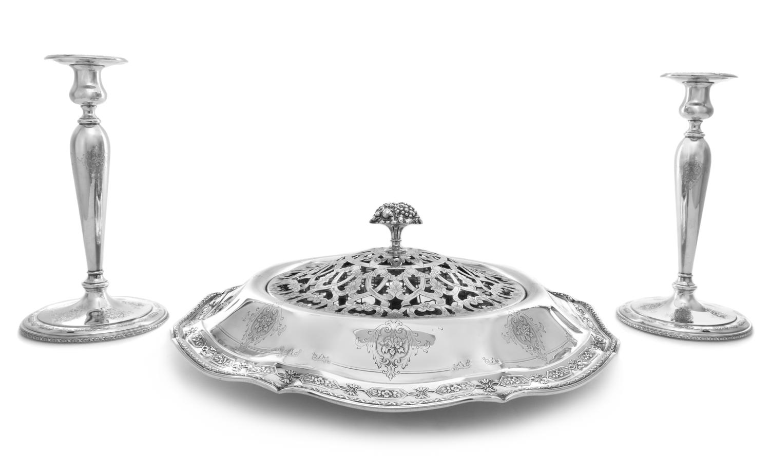 An American Silver Center Bowl and Candlesticks, Towle Silversmiths, Newburyport, MA, in the Louis XVI pattern, with a removable flower