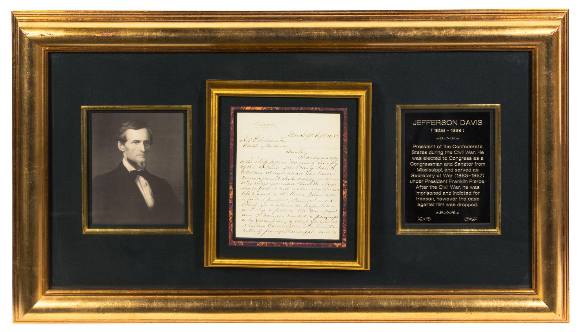 DAVIS, Jefferson (1808-1889). Autographed letter signed ("Jefferson Davis"), as Secretary of War, to A.O. Nicholson, 14 September 1855.