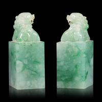 A Pair of Chinese Carved Jadeite Seals — 翡翠獅鈕方章一對