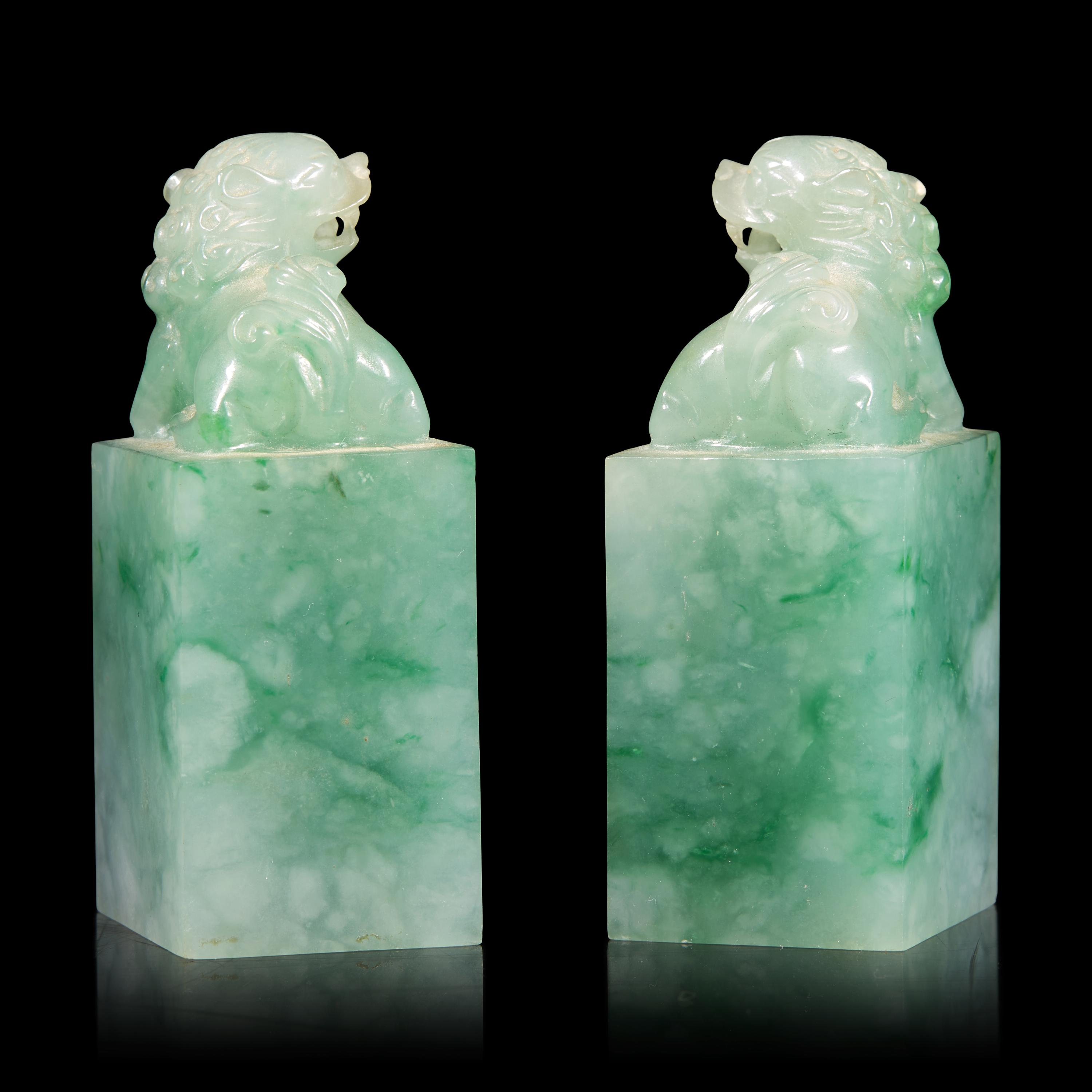 A Pair of Chinese Carved Jadeite Seals — 翡翠獅鈕方章一對