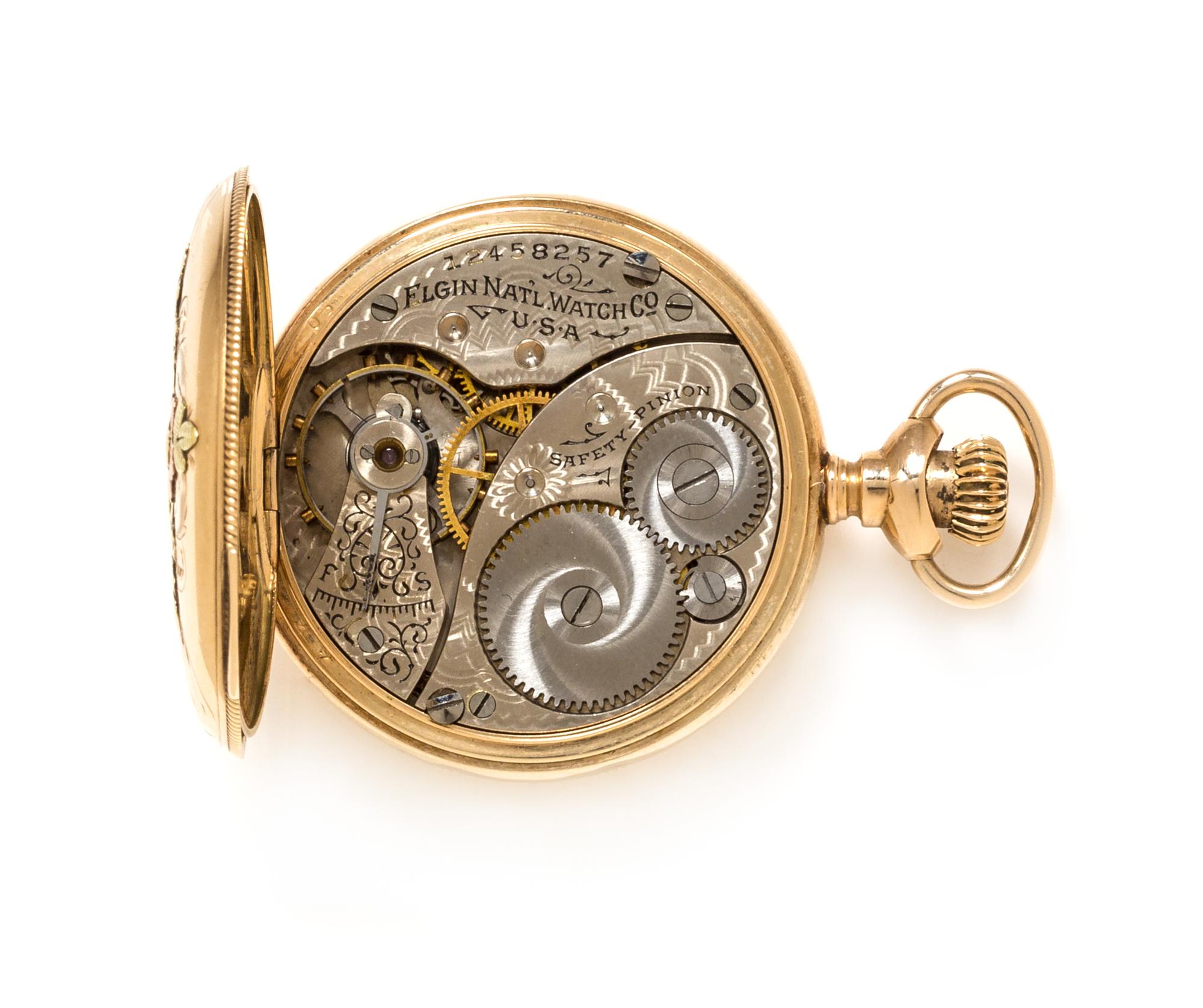 A 14 Karat Tricolor Hunter Case Pocket Watch, Elgin, Circa 1906, 20.10 dwts.