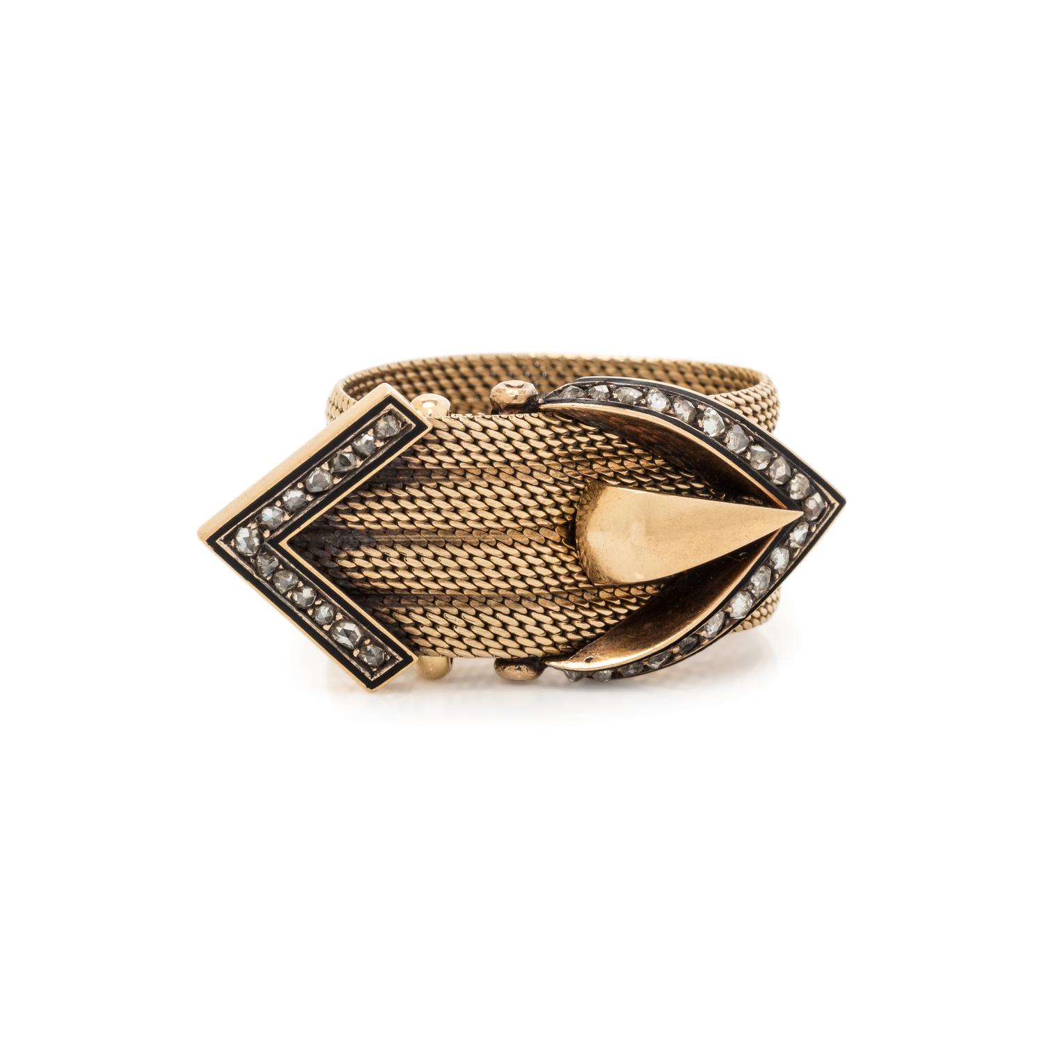 YELLOW GOLD, DIAMOND AND ENAMEL BELT MOTIF RING