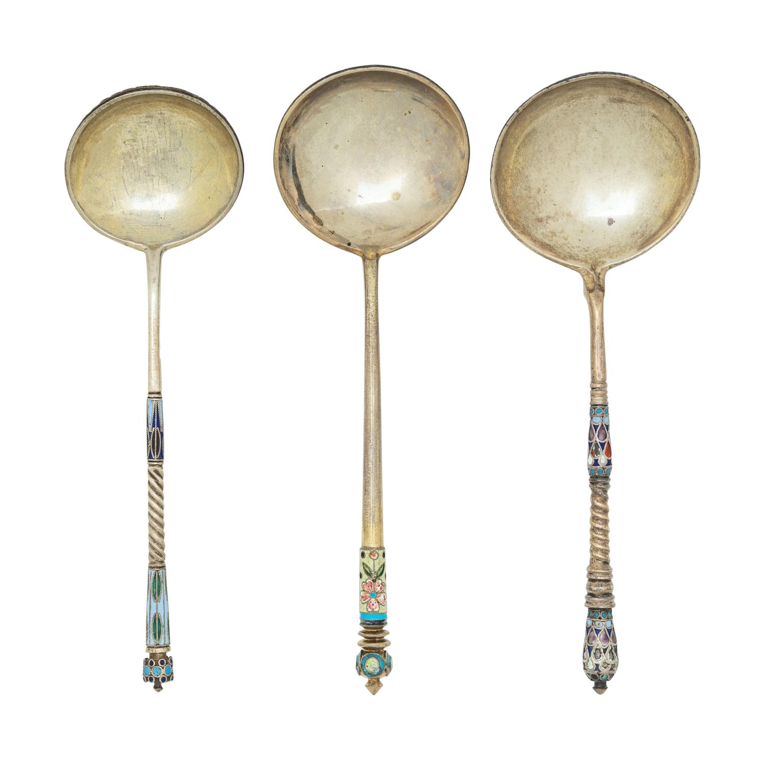 Three Russian Enameled Silver Spoons
