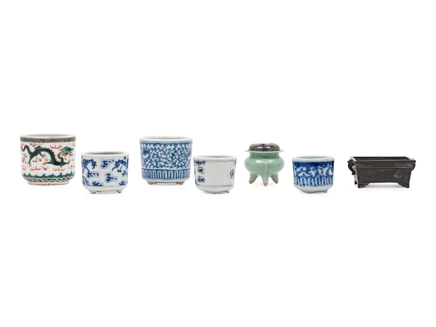 Five Chinese Porcelain Brushpots and Two Incense Burners