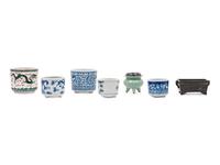 Five Chinese Porcelain Brushpots and Two Incense Burners