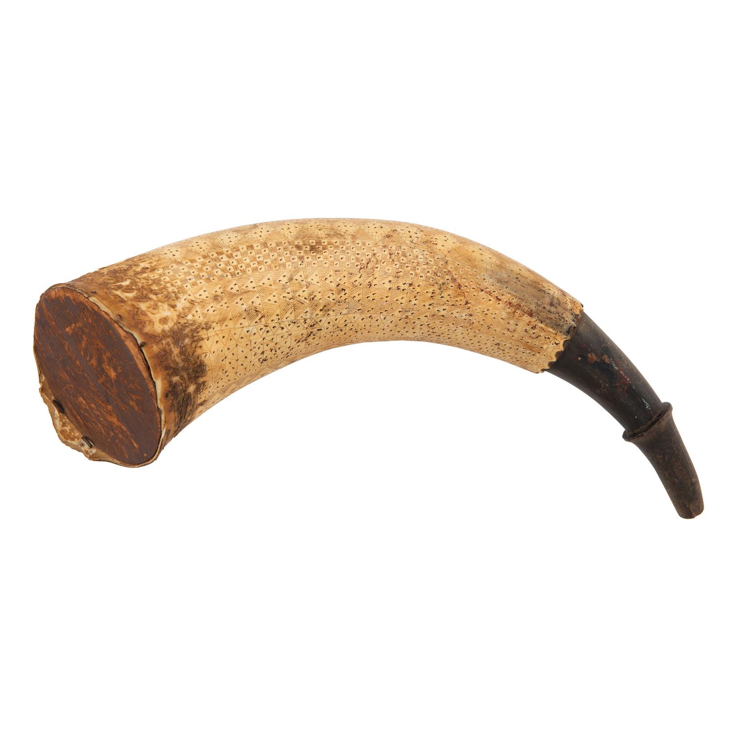 Carved Powder Horn of Revolutionary War Veteran Oliver Marble of Stow, MA
