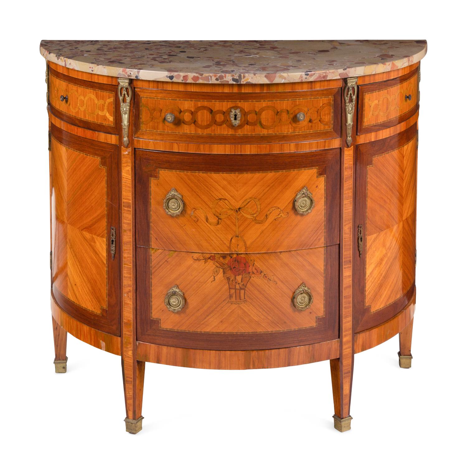 A Louis XVI Style Gilt Metal-Mounted Marquetry Marble-Top Demilune Commode