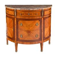A Louis XVI Style Gilt Metal-Mounted Marquetry Marble-Top Demilune Commode