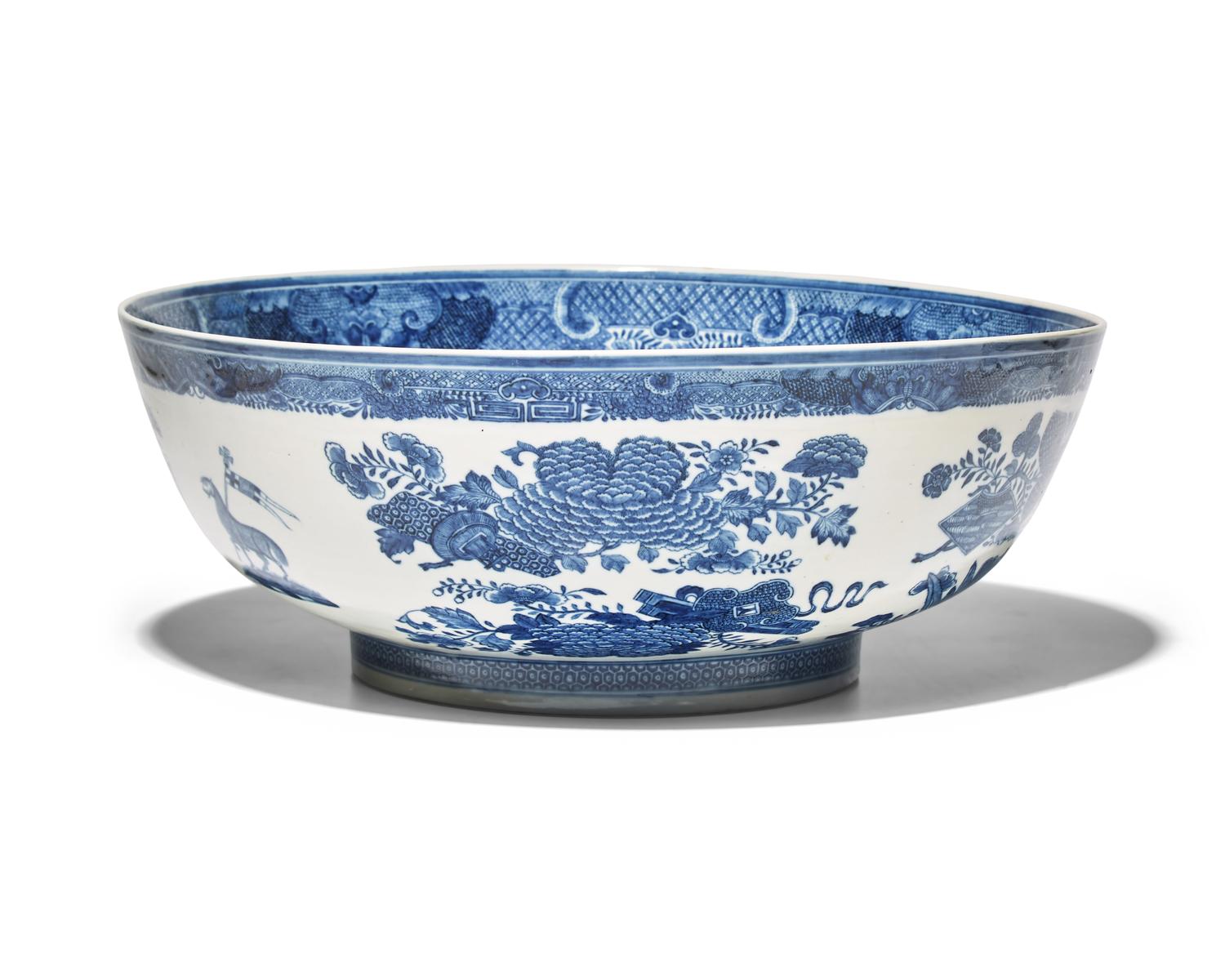 A Large Chinese Export Porcelain Blue Fitzhugh Armorial Punch Bowl Bearing the Roberts Crest