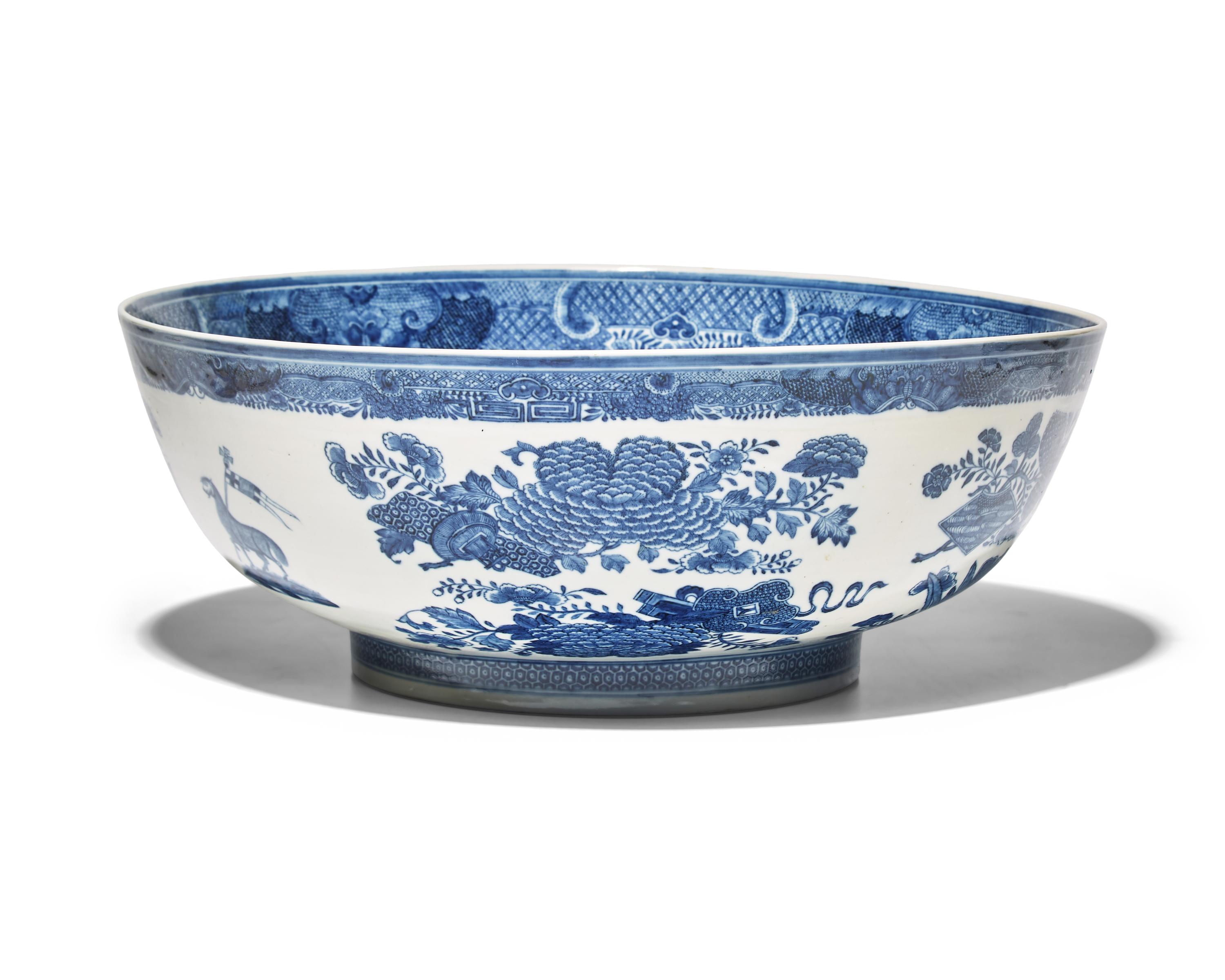 A Large Chinese Export Porcelain Blue Fitzhugh Armorial Punch Bowl Bearing the Roberts Crest
