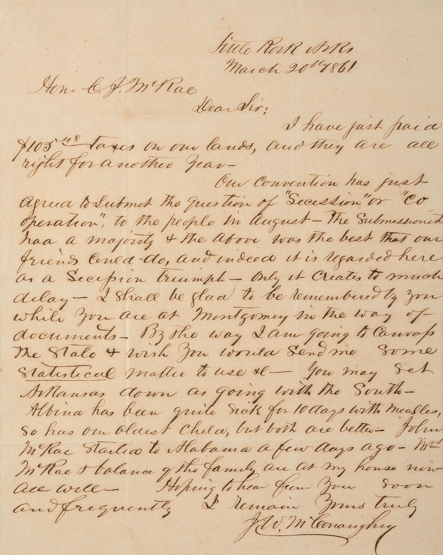 [ENSLAVEMENT & ABOLITION]. 2 letters from J. W. McConaughy of Little Rock, AR, to the C.J. McRae.