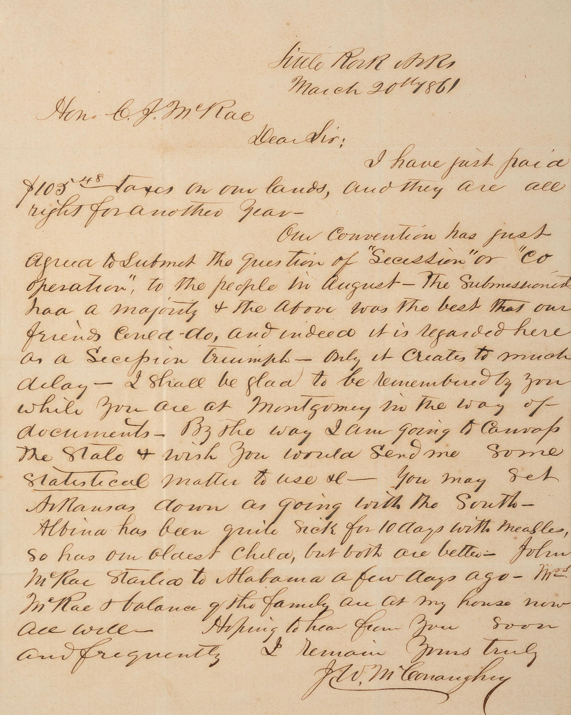 [ENSLAVEMENT & ABOLITION]. 2 letters from J. W. McConaughy of Little Rock, AR, to the C.J. McRae.