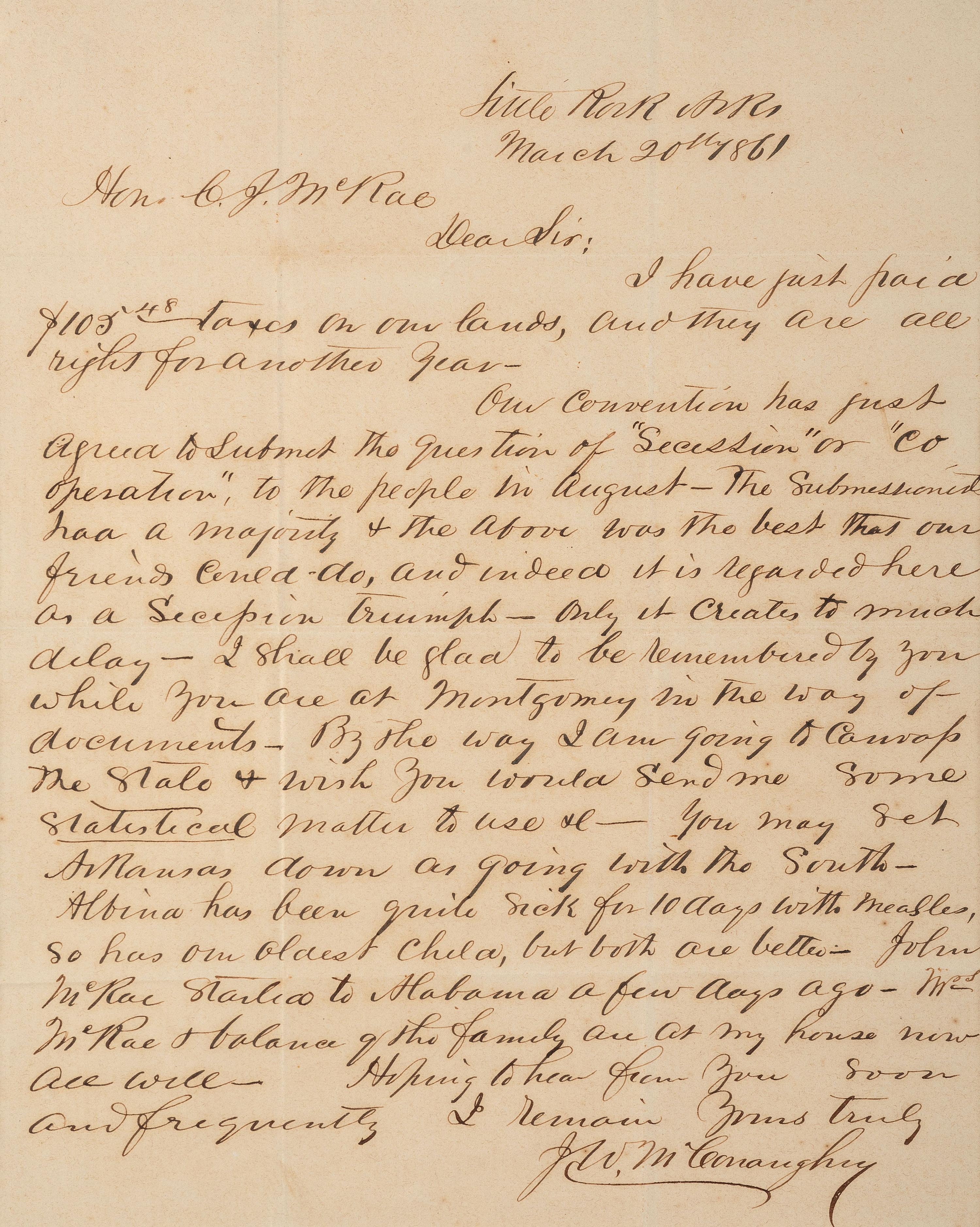 [ENSLAVEMENT & ABOLITION]. 2 letters from J. W. McConaughy of Little Rock, AR, to the C.J. McRae.
