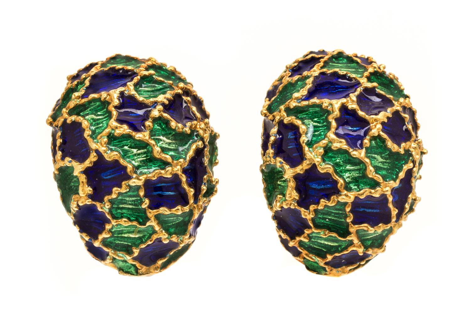 A Pair of 18 Karat Yellow Gold and Polychrome Enamel Earclips, 10.60 dwts.