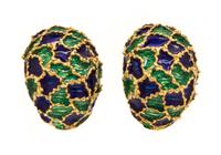 A Pair of 18 Karat Yellow Gold and Polychrome Enamel Earclips, 10.60 dwts.