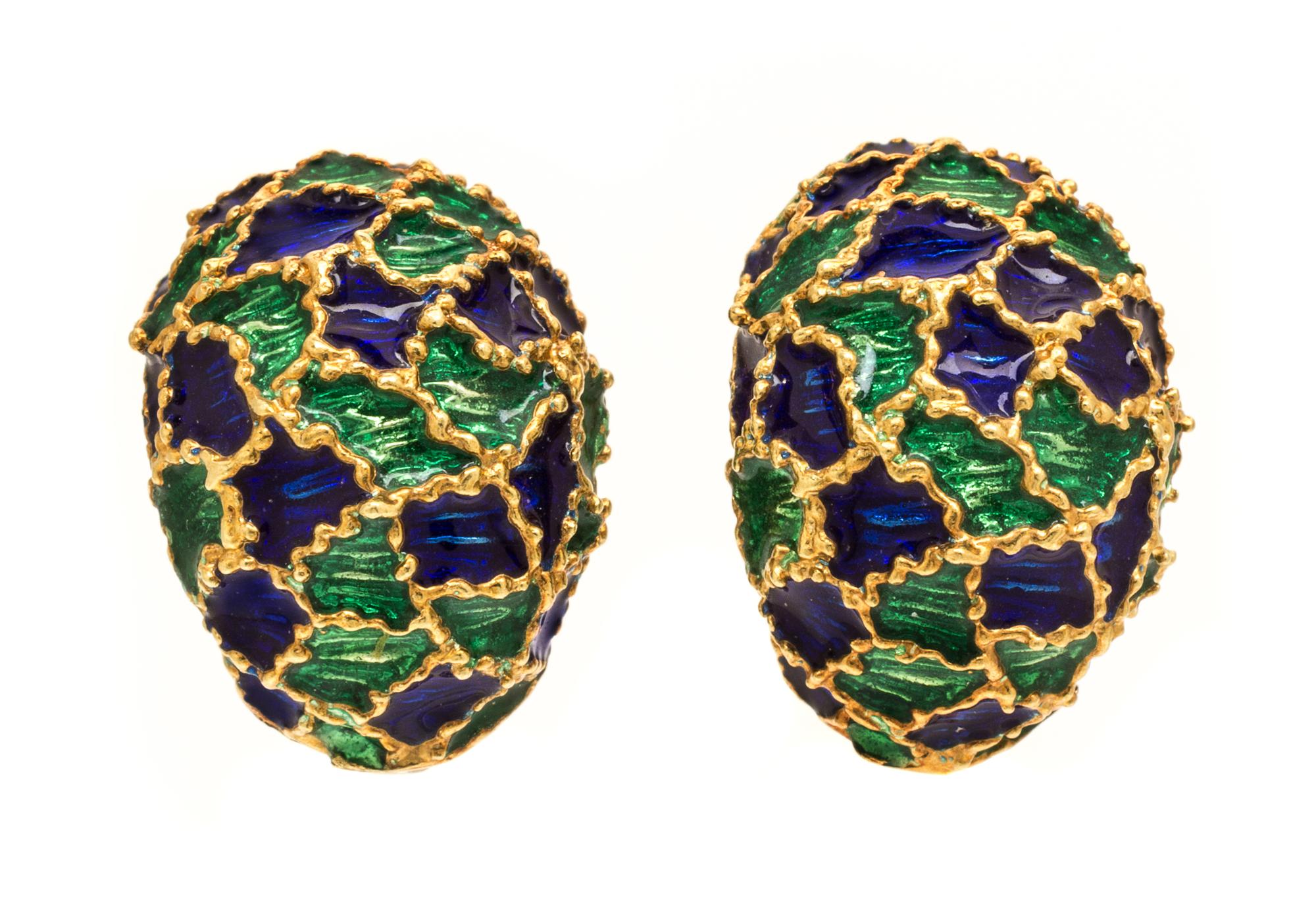 A Pair of 18 Karat Yellow Gold and Polychrome Enamel Earclips, 10.60 dwts.