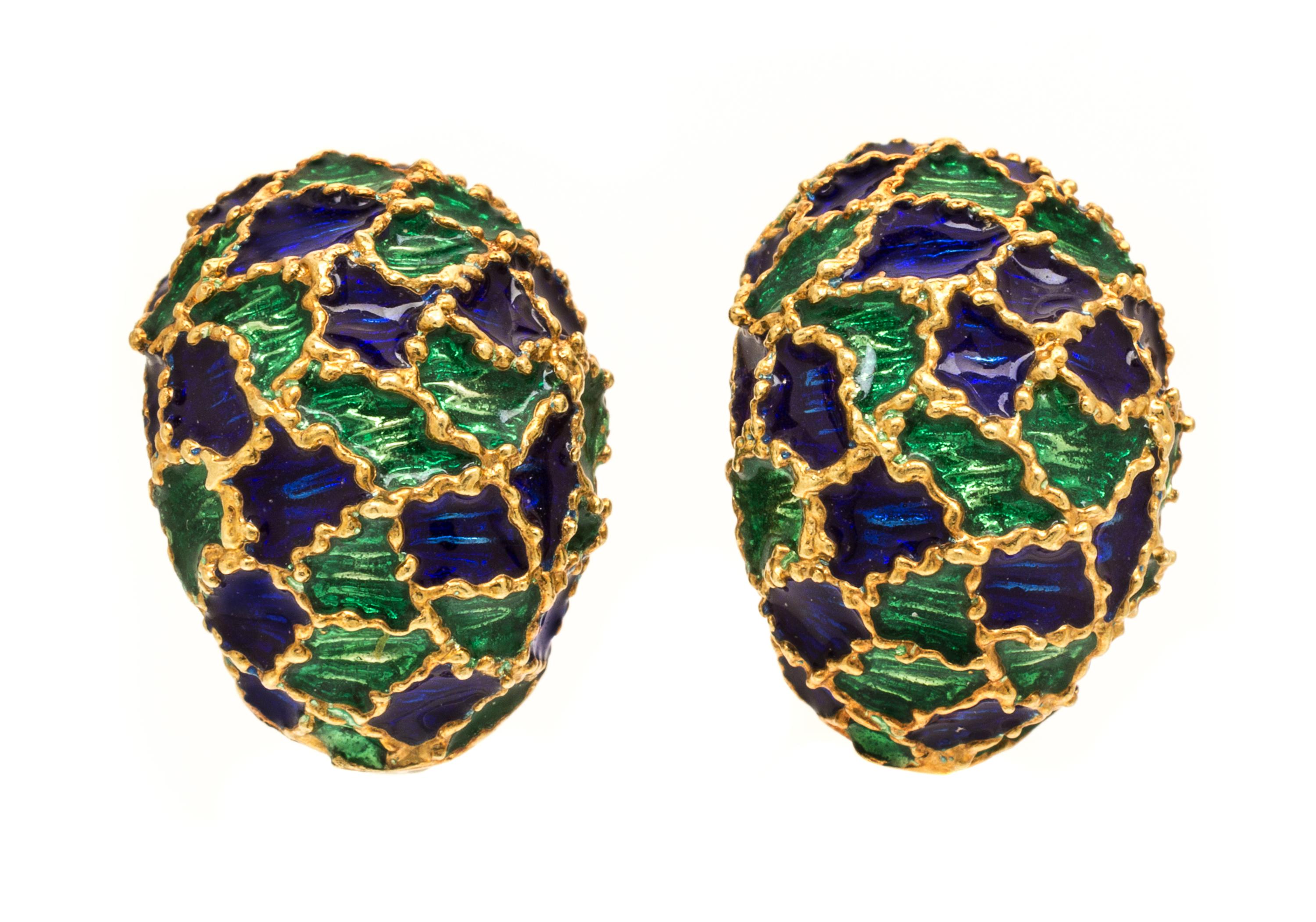 A Pair of 18 Karat Yellow Gold and Polychrome Enamel Earclips, 10.60 dwts.