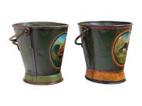 A Group of Two Tole Painted Peat Buckets